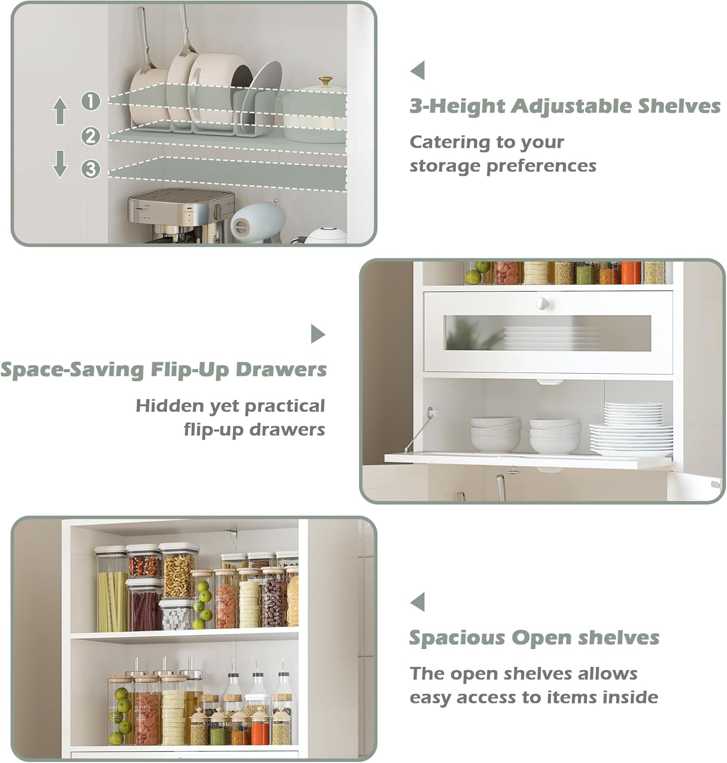 MU 67" Kitchen Pantry Storage Cabinet, Tall Storage Cabinet with Flip up Drawers and Adjustable Shelves, Freestanding Floor Cabinet Cupboard for Kitchen, Living Room and Dining Room (White).