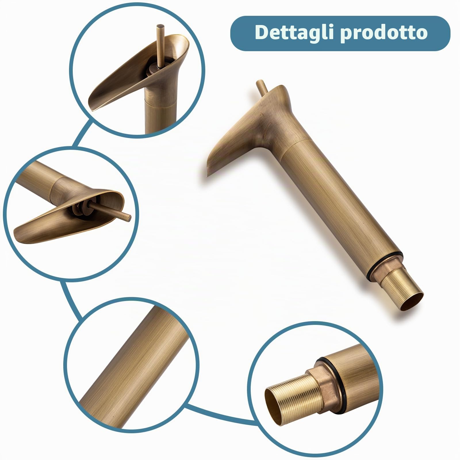 Rubinetto da bagno in ottone anticato, Bevankly, rubinetto per lavabo Retrò, monocomando, a cascata rubinetti, miscelatore da bagno in ottone freddo e caldo per bagno, 3/8"