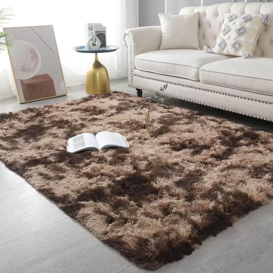 Pluszowy dywan odpowiedni do salonu, biały, miękki, puszysty dywan do sypialni, łazienki, gruba mata podłogowa, dekoracja pokoju młodzieżowego (120 x 200 cm, 47 x 78 cali, brąz tie-dye)