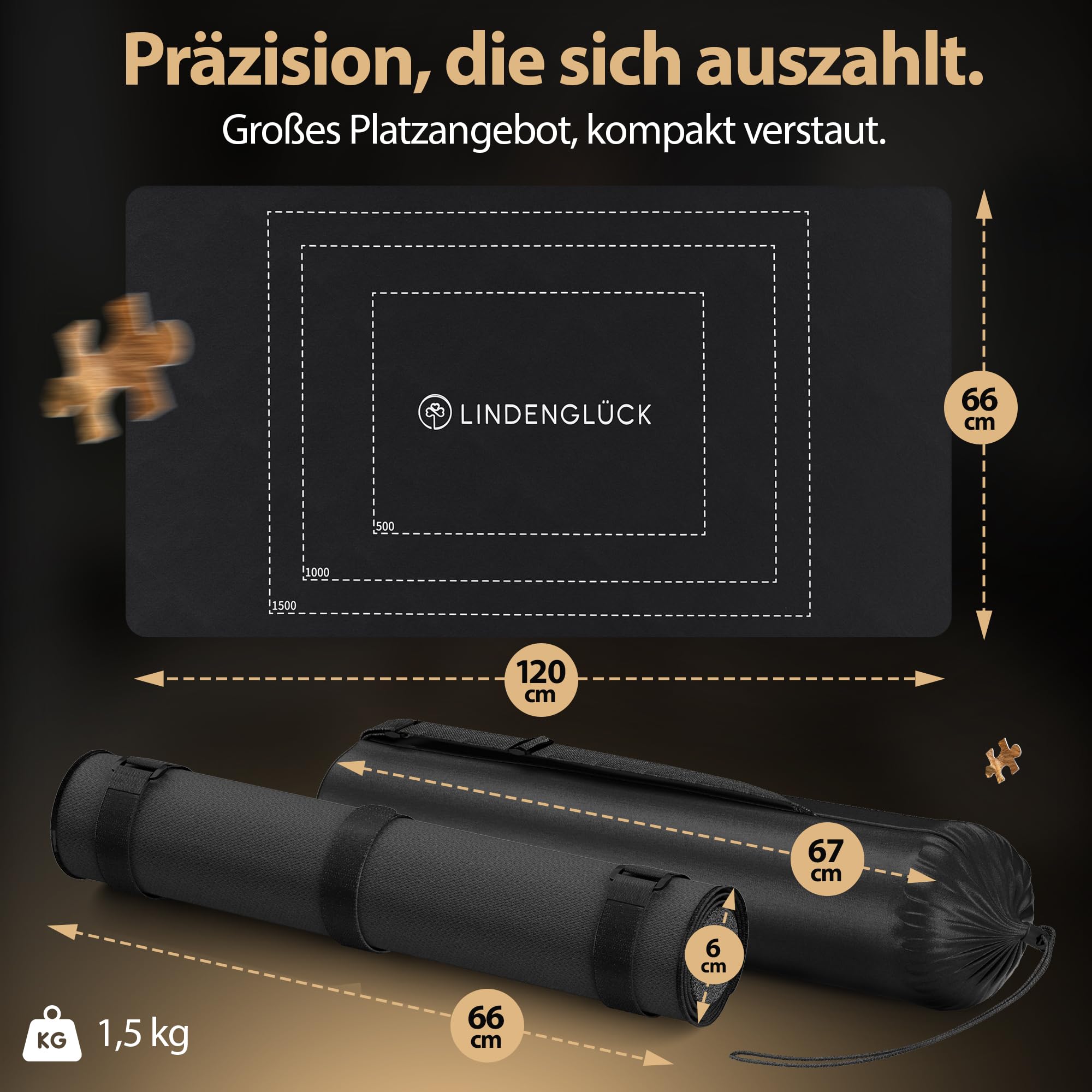 Puzzlematte 1500 Teile Premium - [EasySlide Oberfläche] - Aufrollbare Puzzleunterlage mit exakten Markierungen für 500 1000 & 1500 Puzzleteile - Puzzle Zubehör inkl. Aufbewahrungstasche & Puzzlerolle