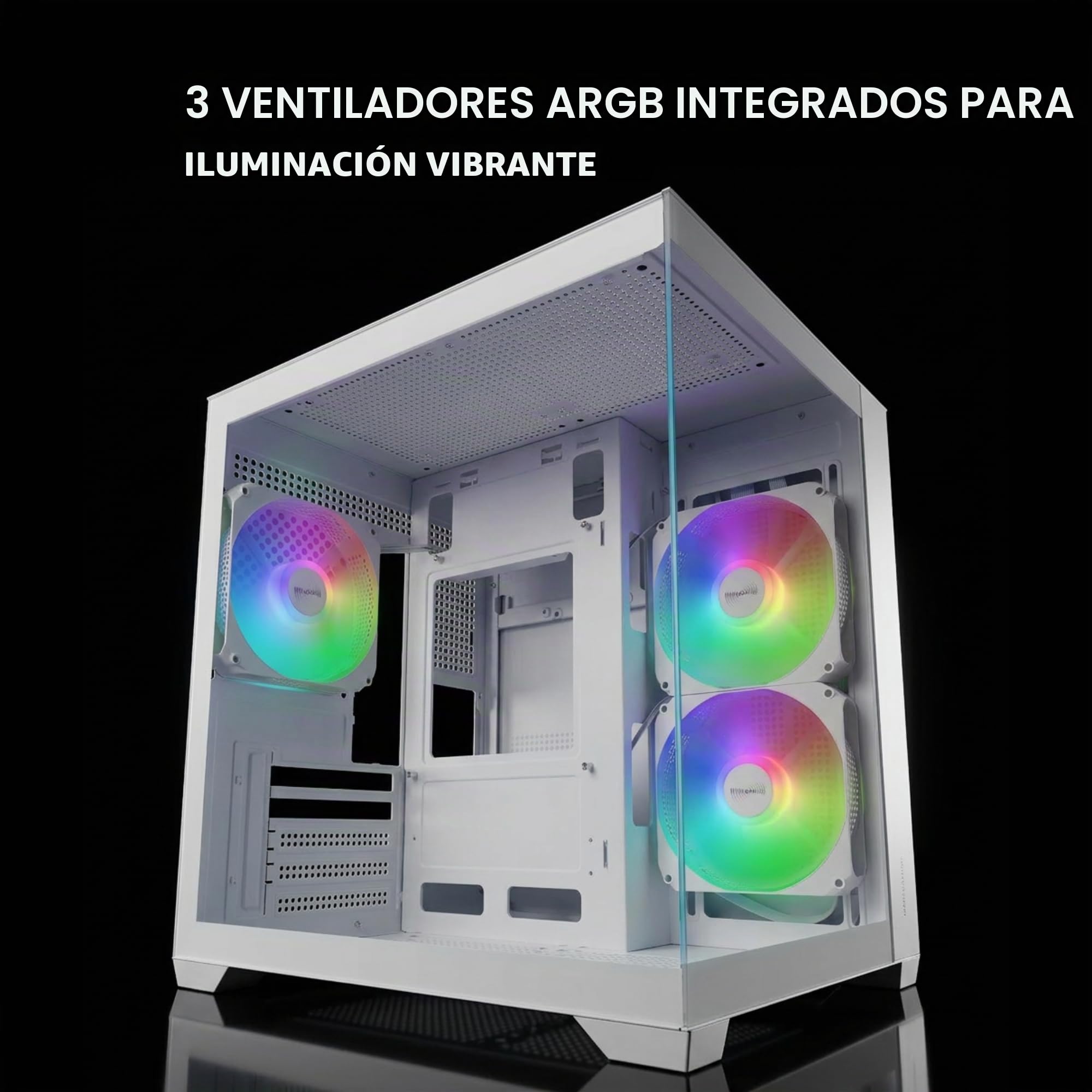 Mars Gaming MC-VIEW3, Caja PC MicroATX, Cristal Templado Panorámico, 3X Ventiladores ARGB 120mm, Doble Cámara, Soporte Refrigeraciones Líquidas hasta 240mm, Minitorre Compacta con USB-C, Blanco