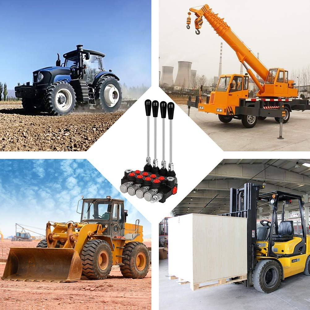 Hydraulic Flow Control Valve 4 Spool 11 GPM G Ports Adjustable Relief Lever Handle Double Acting Parallel Center Tractor Loader W/Joystick Small Tractors/Tanks Loaders Log Splitters 3600 PSI