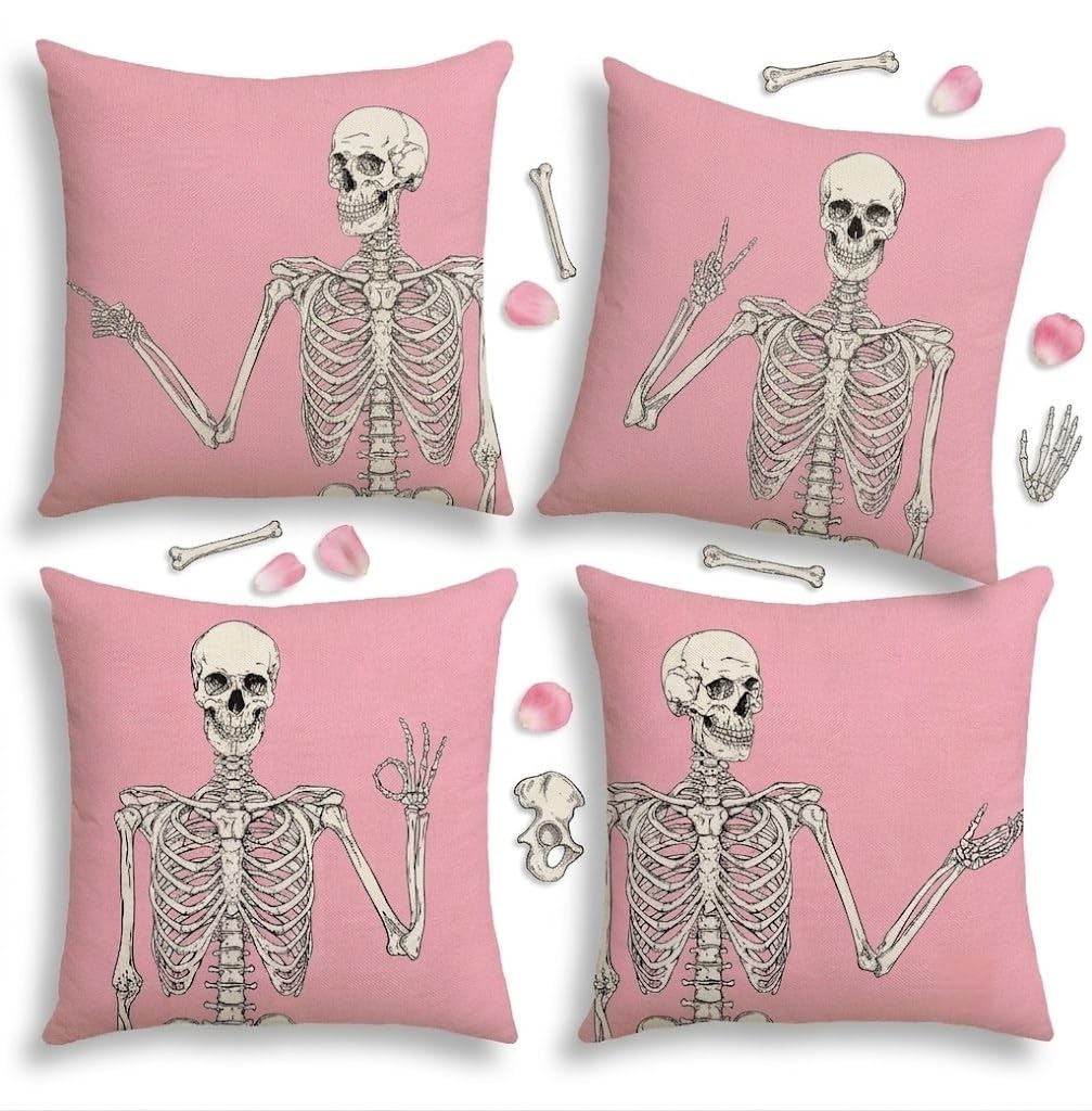 PRK 14 Cushion Covers 4 pcs Halloween Pink Skeleton Bones Gothic Pillow Throws for Livingroom Bedroom Couples Sofa Horror Scary Pillowcase Set 45 x 45cm