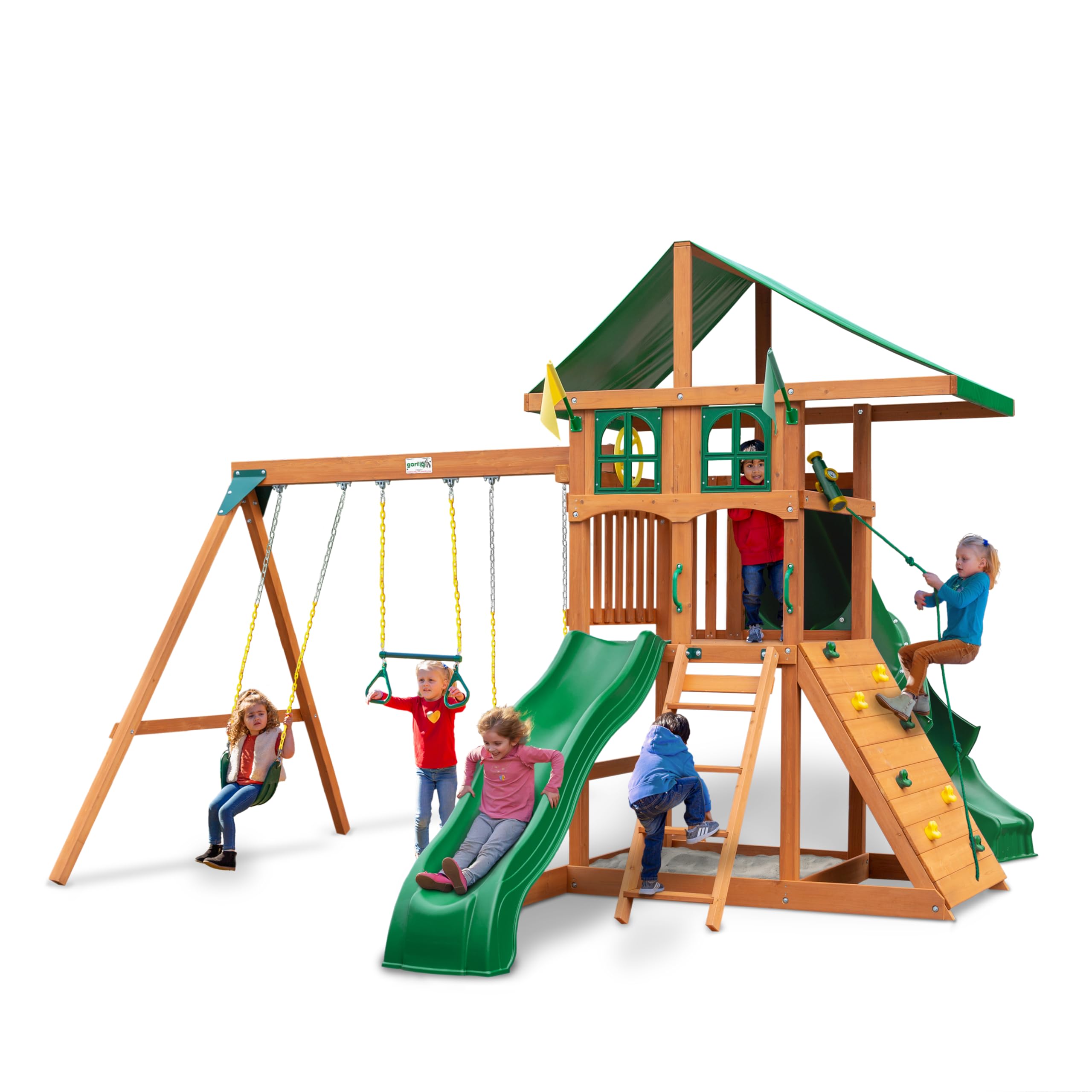 Gorilla Playsets 01-1089 Avalon Treehouse Swing Set with Oversized Green Vinyl Canopy Roof, Twister Tube Slide, Climbing Wall, Ladder, Swings and Slide