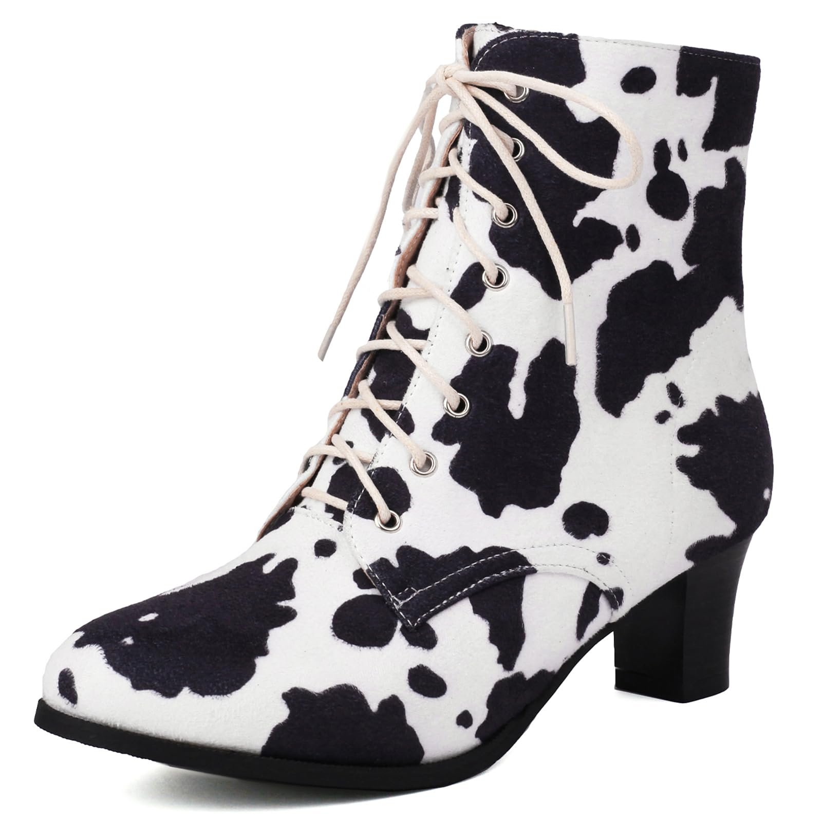 Cozivwaiy Women Lace up Vintage Boots with Zipper Block Heel Ankle Boots Victorian Booties 70s Animal Print Boots