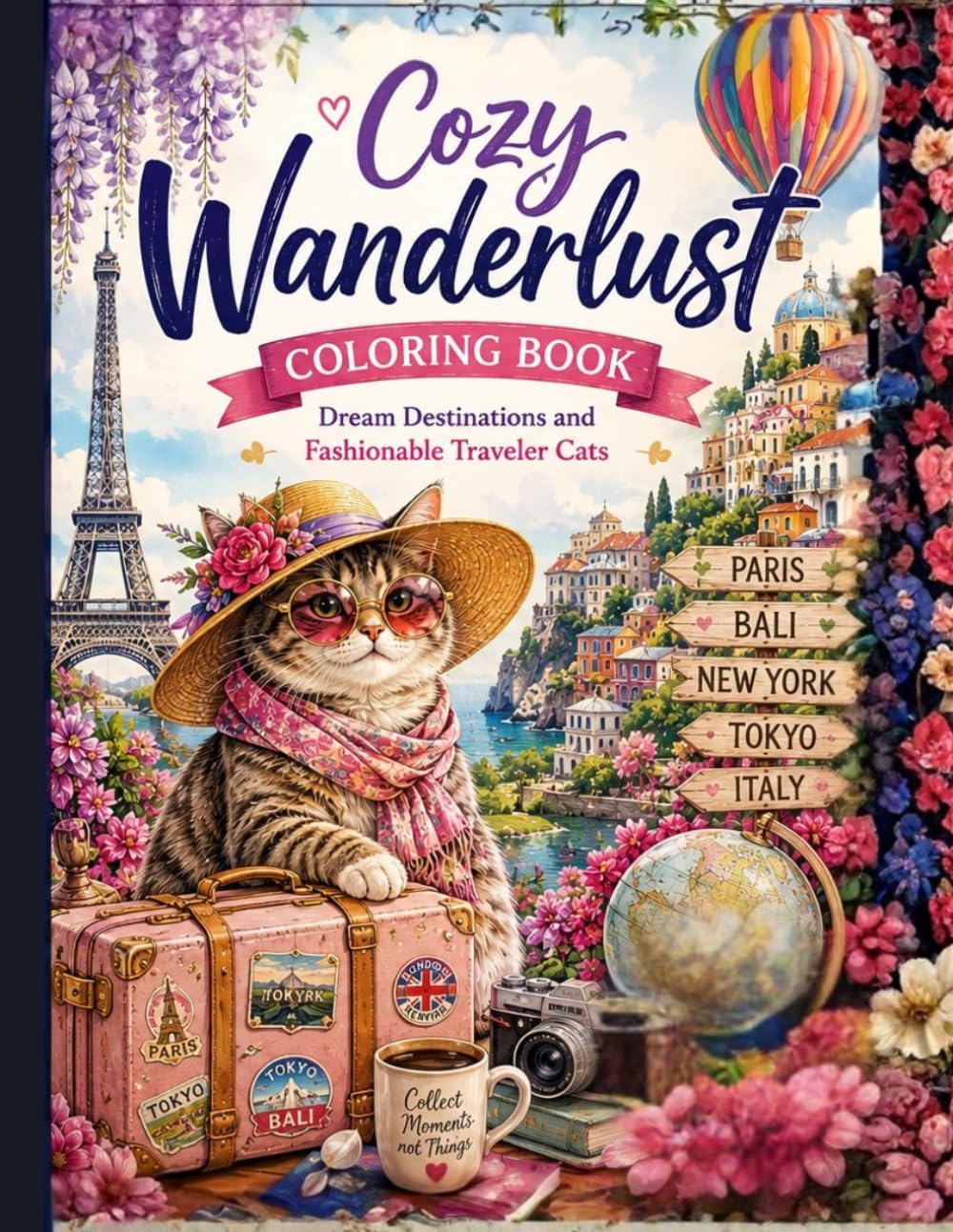 Cozy Wanderlust Coloring Book: Dream Destinations and Fashionable Traveler Cats