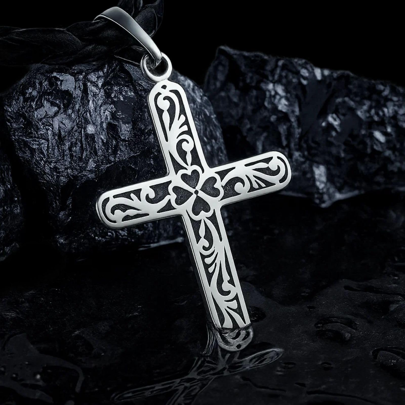 Collar Para Hombres Con Colgante De Cruz En Plata 925 Y Cuerda De Cuero Trenzado
