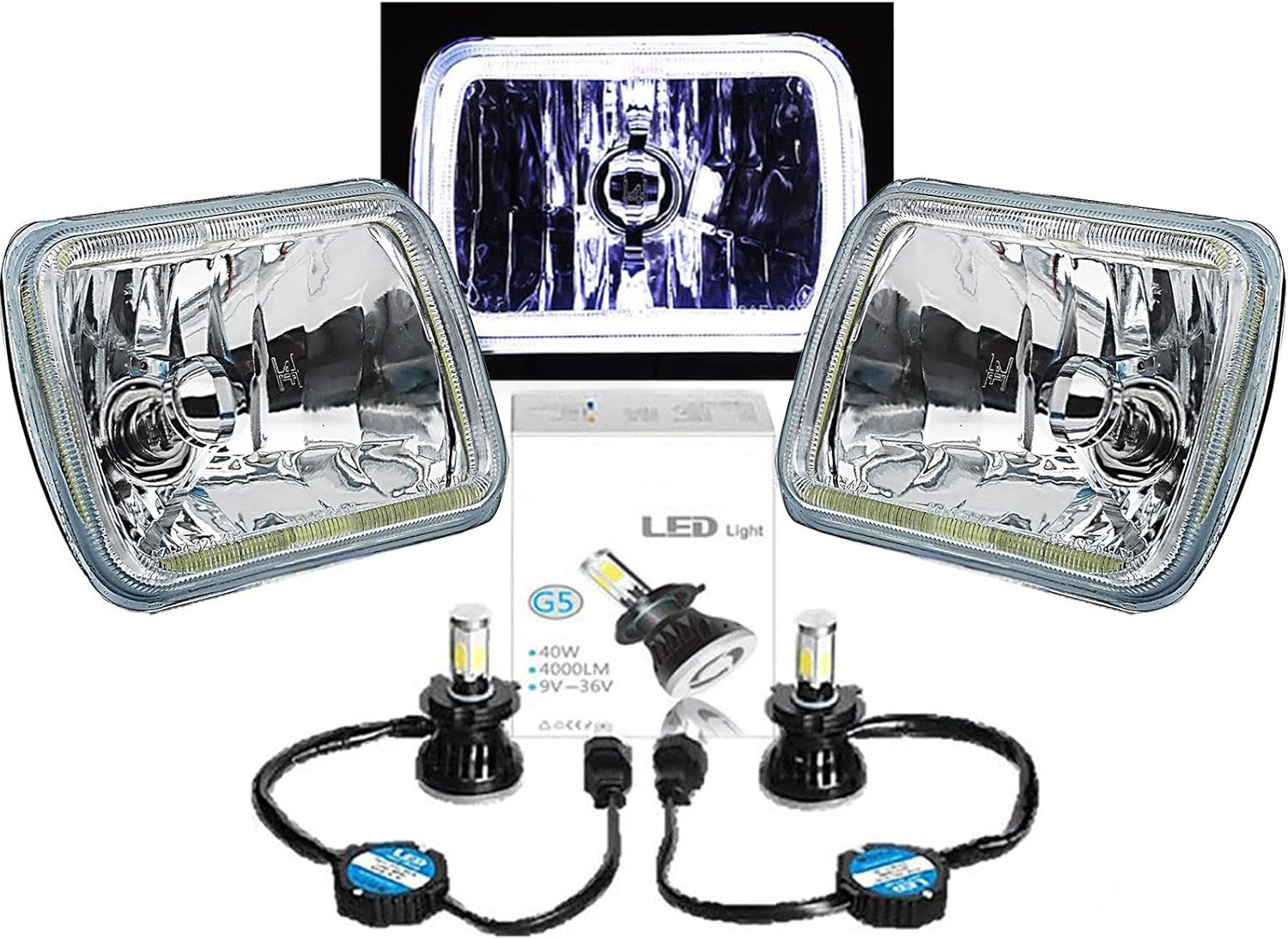 Octane Lighting 7X6 Inch White COB LED Glass/Metal Halo Headlight H4 Light Bulb Headlamp Pair