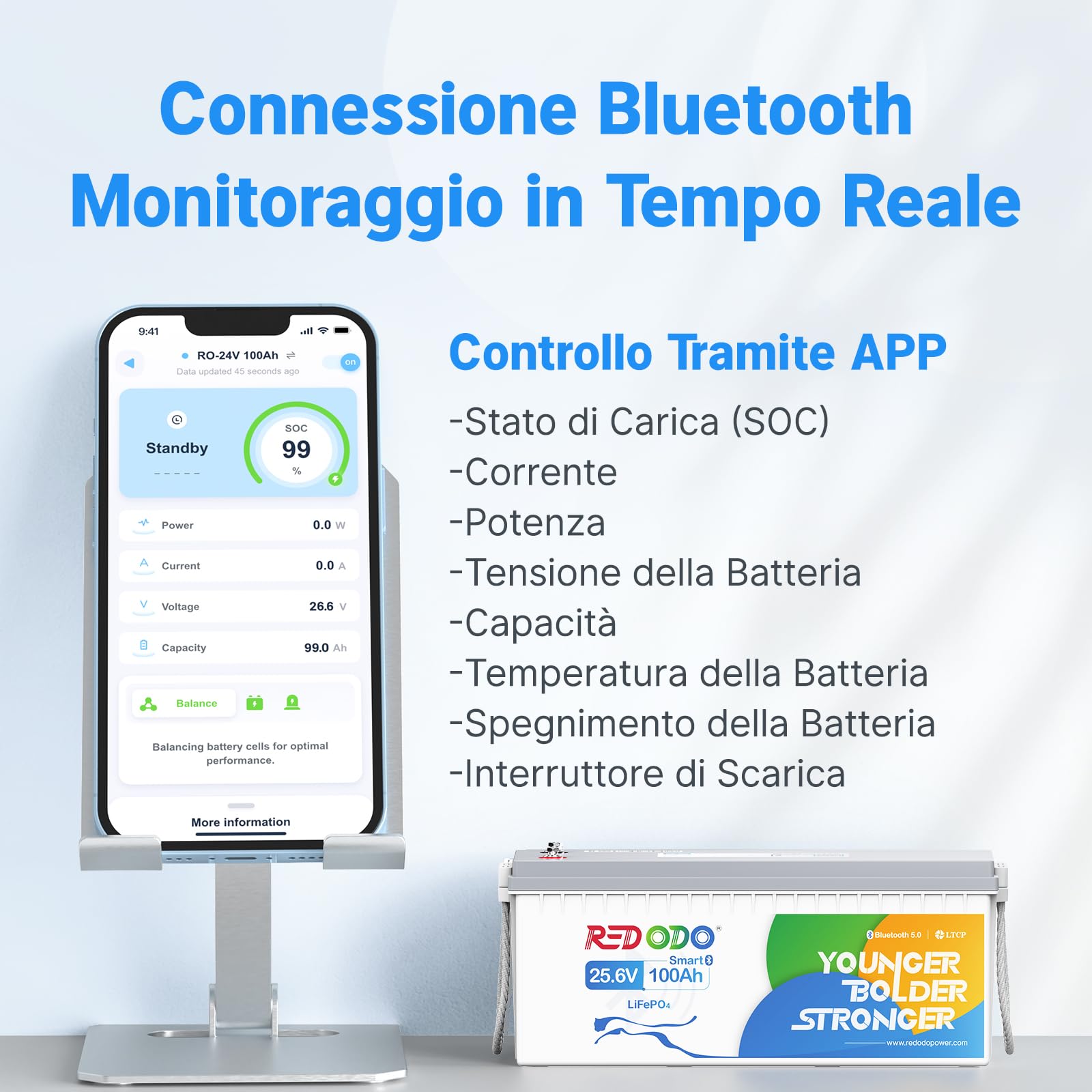 Redodo 24V 100Ah Bluetooth Batteria Litio, Batterie LiFePO4 con Protezione a Bassa Temperatura, BMS 100A, 2560Wh, Ricaricabile, Perfetta Batteria di Ricambio al Piombo per Camper, RV, Caravan