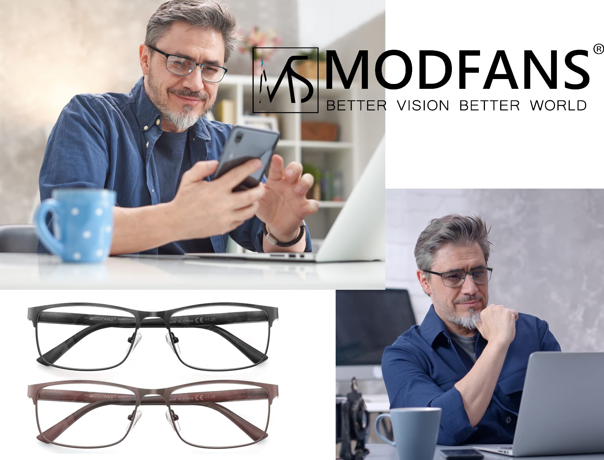 MODFANS 3-pak okularów do czytania dla mężczyzn i kobiet, filtr niebieskiego światła, metalowa rama, prostokąt, styl stal nierdzewna, materiał