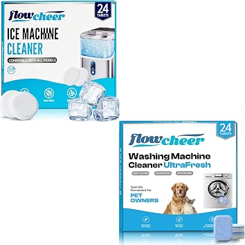 flowcheer Ice Maker Cleaner Tablets, Cleaning and Descaler for Countertop and Home Ice Machines&Washing Machine Cleaner Tablets, Septic Safe Descaler for Removing Pet Hair, Odors & Residue