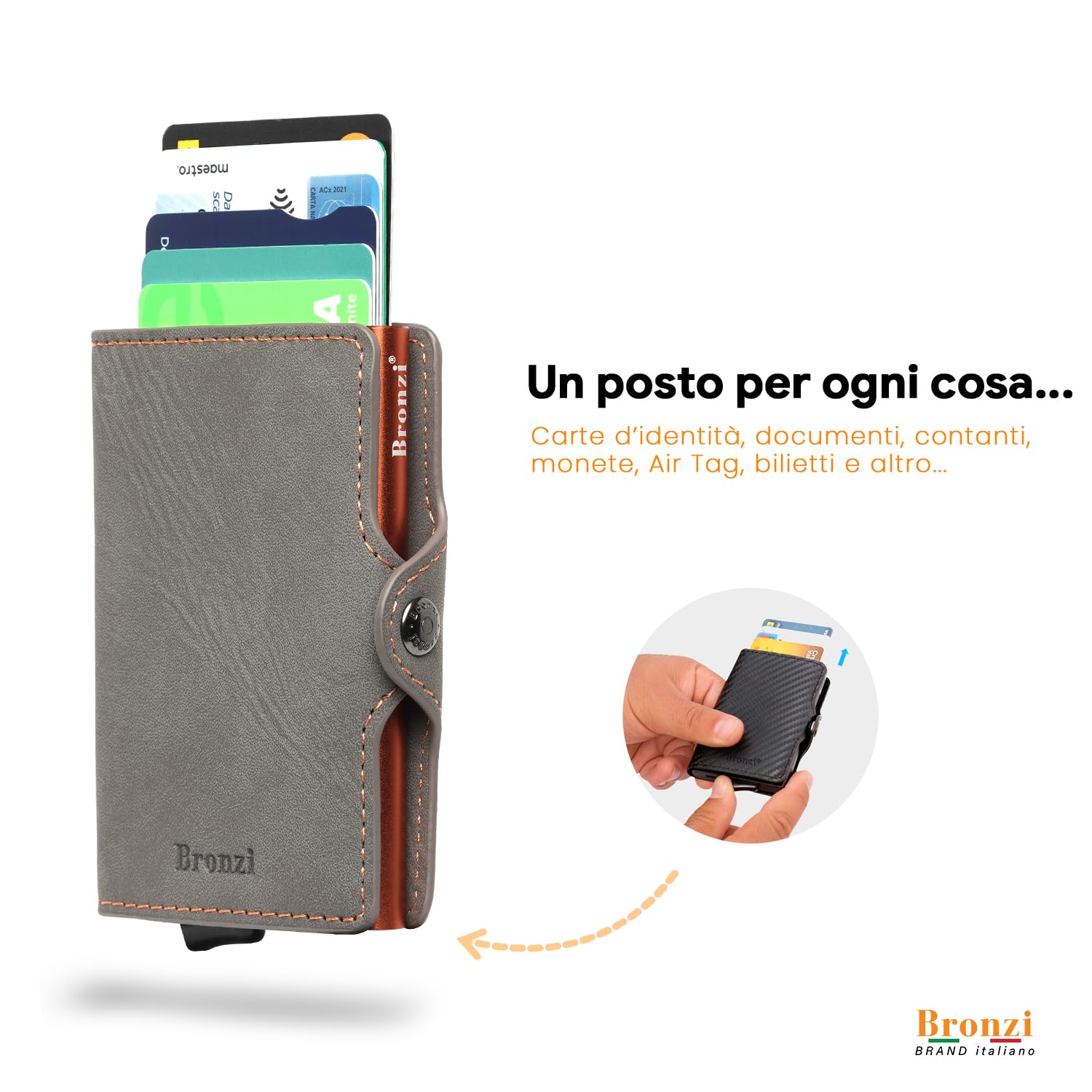Bronzi Portafoglio Porta Carte Credito - Portafoglio Uomo Donna Slim Portacarte - Mini Porta Tessere - Protezione RFID Portatessere - Design Smart Opaco Grigio