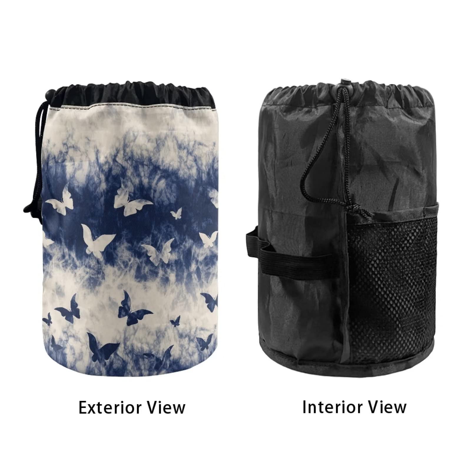 COEQINE Wome Blue Butterfly Pattern Makeup Drawstring Bags with 3 Elastic Bands and 3 Mesh Pockets for Travel - Image 3