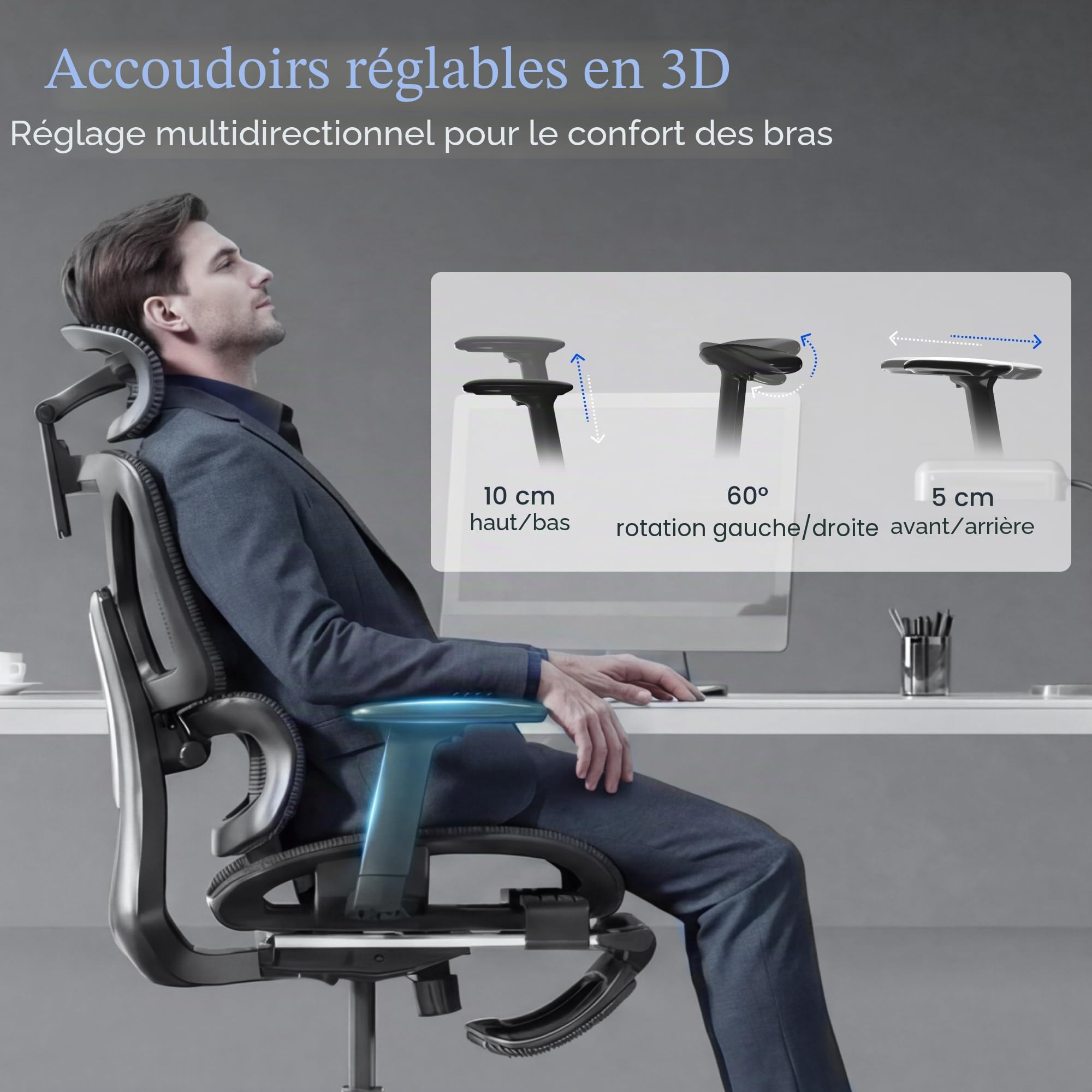 FLEXISPOT ErgoX Chaise Bureau avec Repose-Pieds, Accoudoirs 3D, Chaise de Bureau Ergonomique en Maille Pivotante, Réglable en Hauteur avec Appuie-tête et Soutien Lombaire Indépendant, Noir