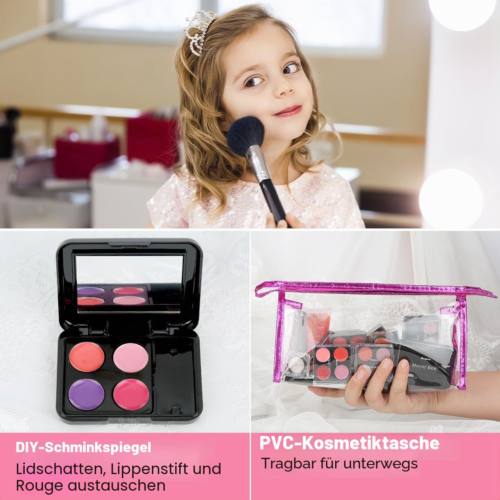 Anpro Veganes Hot Pink Schminkkoffer, Make Up Set für unterwegs mit Kosmetikpinsel, Lippenstift, Lidschattenpalette, Rouge, Glitzer-Gel in Rosa, lustiger Reise-Schminkkoffer für Mädchen