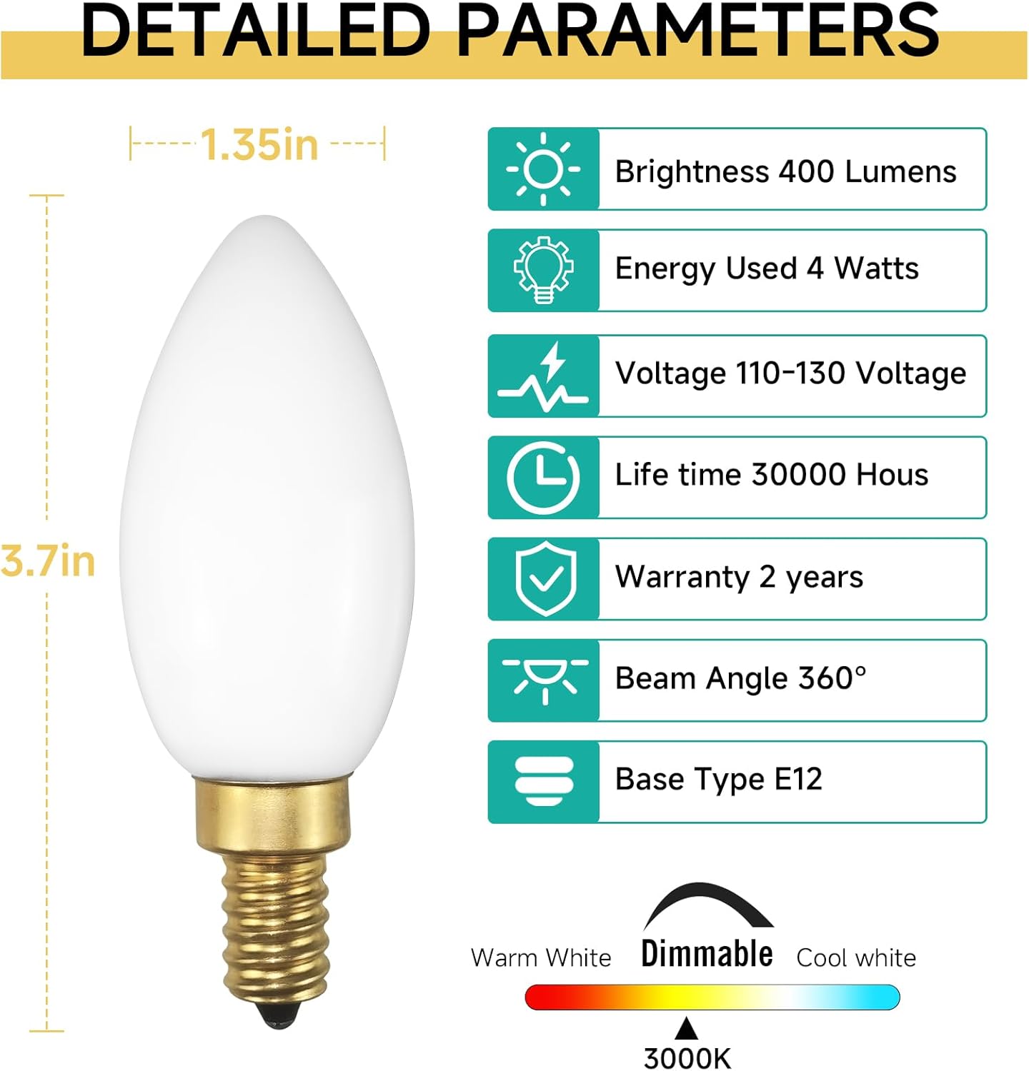 B11/C35 Type B LED Filament Candelabra Bulb, E12 Base, Dimmable, 40W Equivalent (4W), 3000K Soft White, 400LM, Milky White Glass - Compatible with Chandelier, Ceiling Fan - 6 Pack