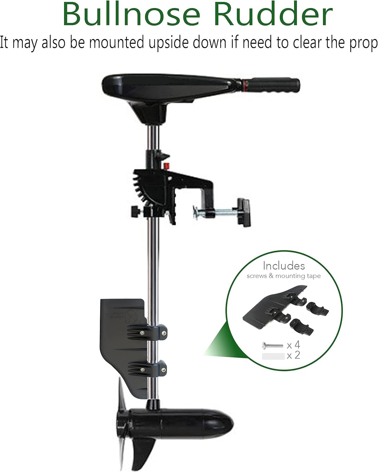 Bullnose Rudder clamp on boat rudder fits a 1.125" transom trolling motor shaft. Commonly used for, inflatable Pontoon, Pelican Bass Raider 10E, fishing Kayak, Canoe, Jon boat, etc. USA Manufactured