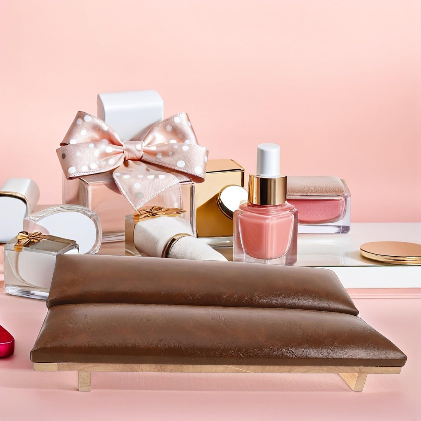 Podpórka Do Manicure z Podpórką pod Rękę i Podłokietnikiem Ergonomiczna Poduszka z Imitacji Skóry i Drewnianą Podstawą Antypoślizgowa Podpórka Do Paznokci Brązowa