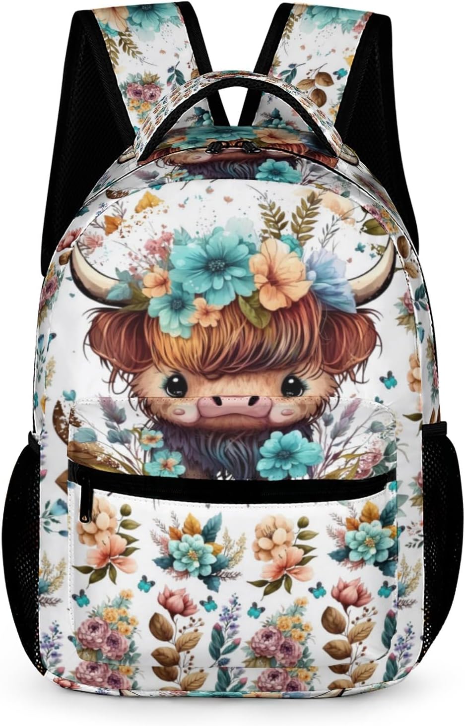 Highland Cow Backpack for Kids Girls Boys Teens, 17 Inches Cute Cows Theme All-over Print Bookbag for Elementary Middle Junior High School