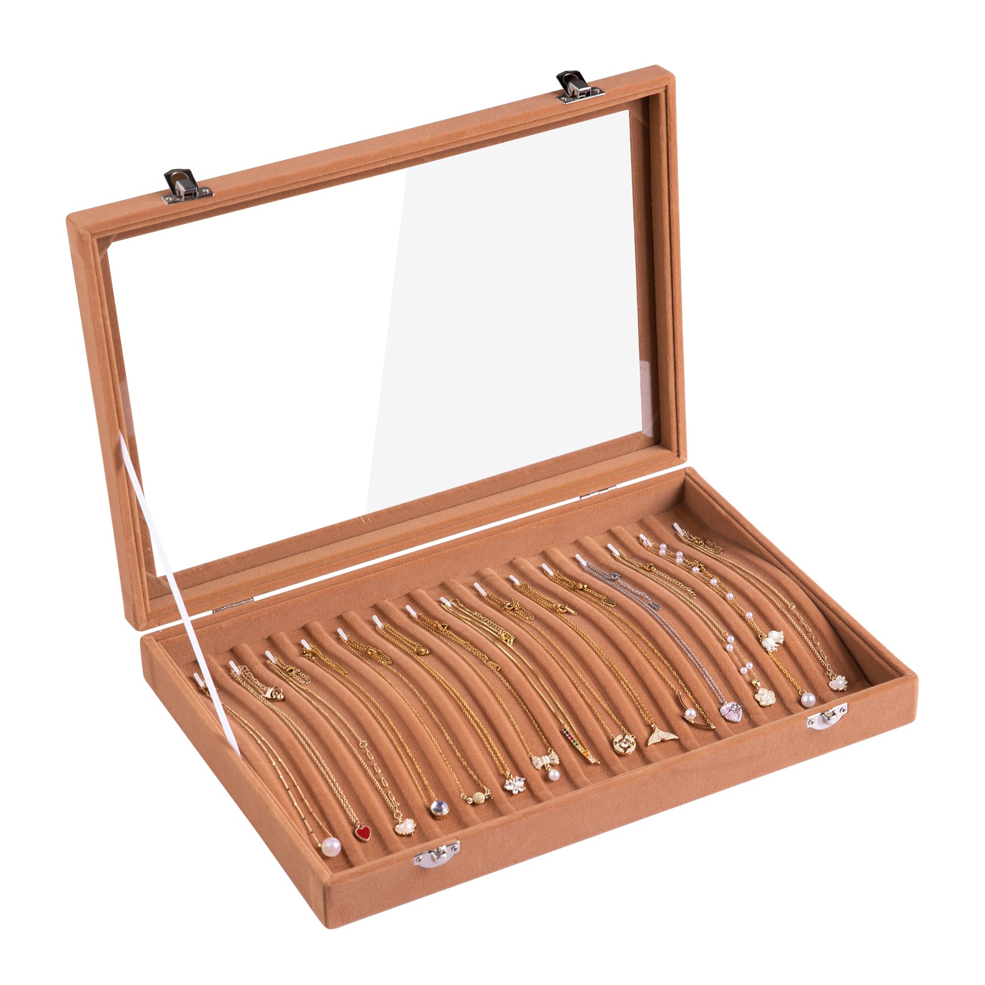 Bandeja para collares, 15 ganchos, organizador de collares de terciopelo con tapa transparente, con cerradura, caja organizadora de joyas para colgantes, cadenas, collares, bandeja de joyas