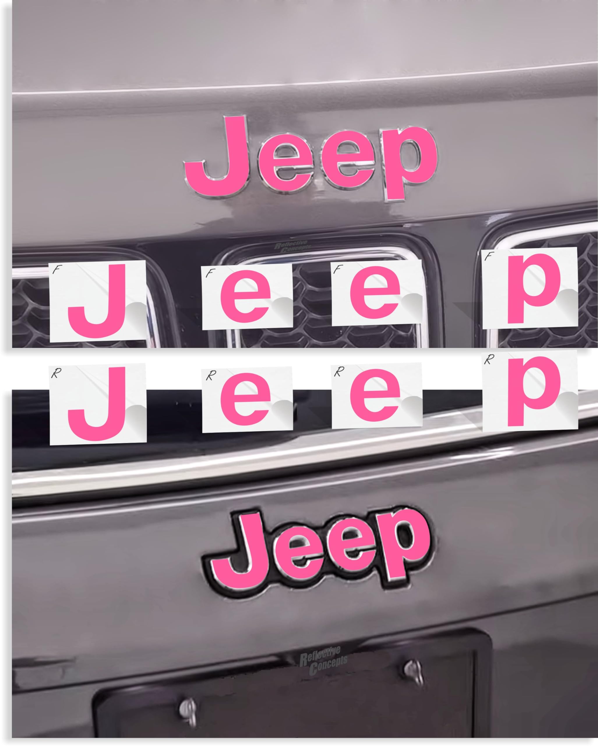 Reflective Concepts - 2018-2026 Jeep Compass - Jeep Front and Rear Emblem Overlay Decal Stickers - (Color: Hot Pink)
