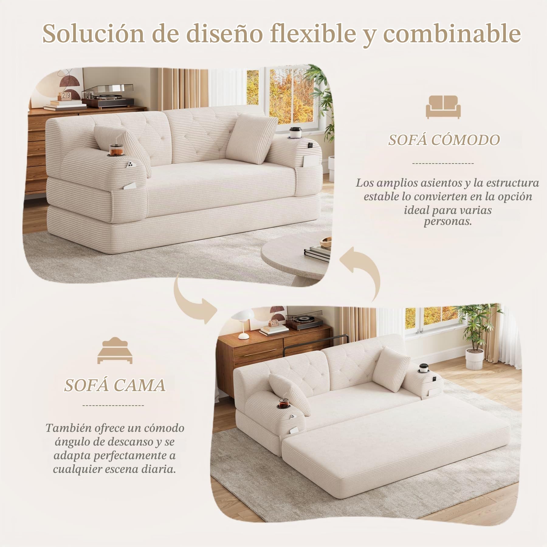 YEHTOKHOME - Sofá de Velor acanalado con respaldo alto y estructura metálica, sofá moderno de 2 plazas con 2 portavasos y 4 bolsillos laterales, para salón, dormitorio (Beige)