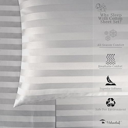 Miniatura 6 de URBANHUT Sábanas de algodón egipcio de 1000 hilos tamaño King a rayas, fibras largas transpirables, juego de sábanas de 4 piezas, sábanas de satén