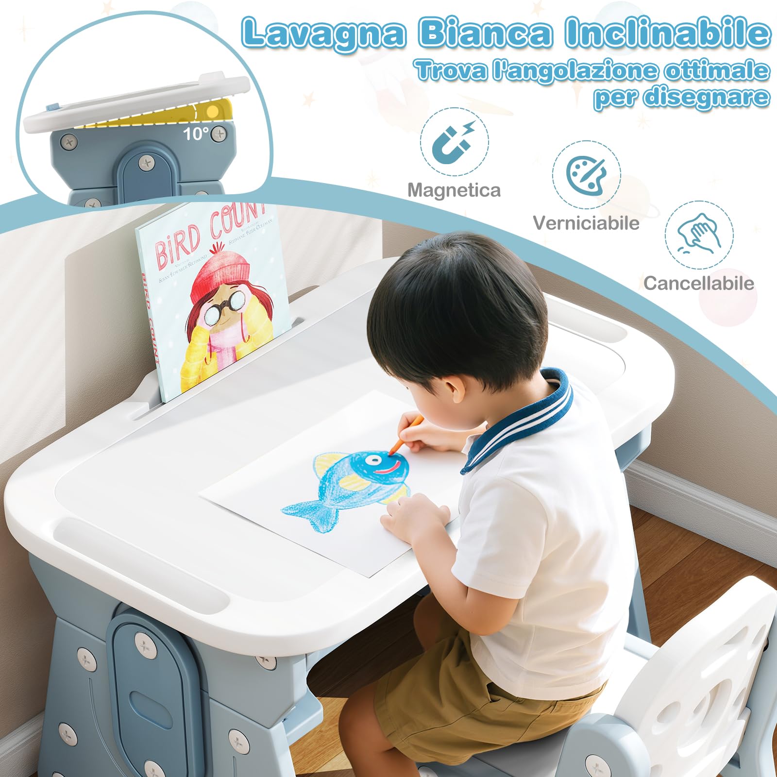 COSTWAY Set Tavolo e Sedia per Bambini 3+ Anni, Tavolo Regolabile in Altezza con Lavagna Inclinabile, Sedia Ergonomica, Supporto per Libri e Ripiano Concavo, per Disegnare e Leggere (Blu)