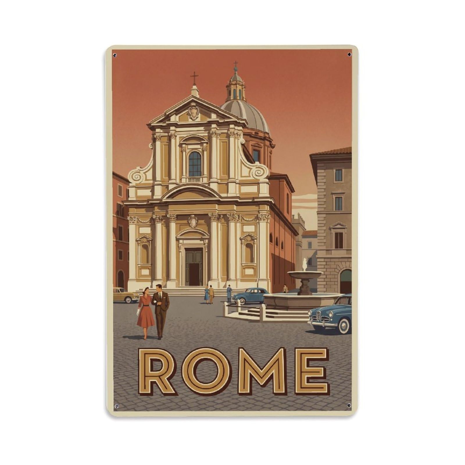 Vintage Travel Rome Piazza Campitelli Baroque Church Square Italy Metal Tin Sign Plaque Wall Decor for Cafe, Club Bar, Office, Home Garden Metal Poster 8x12Inch