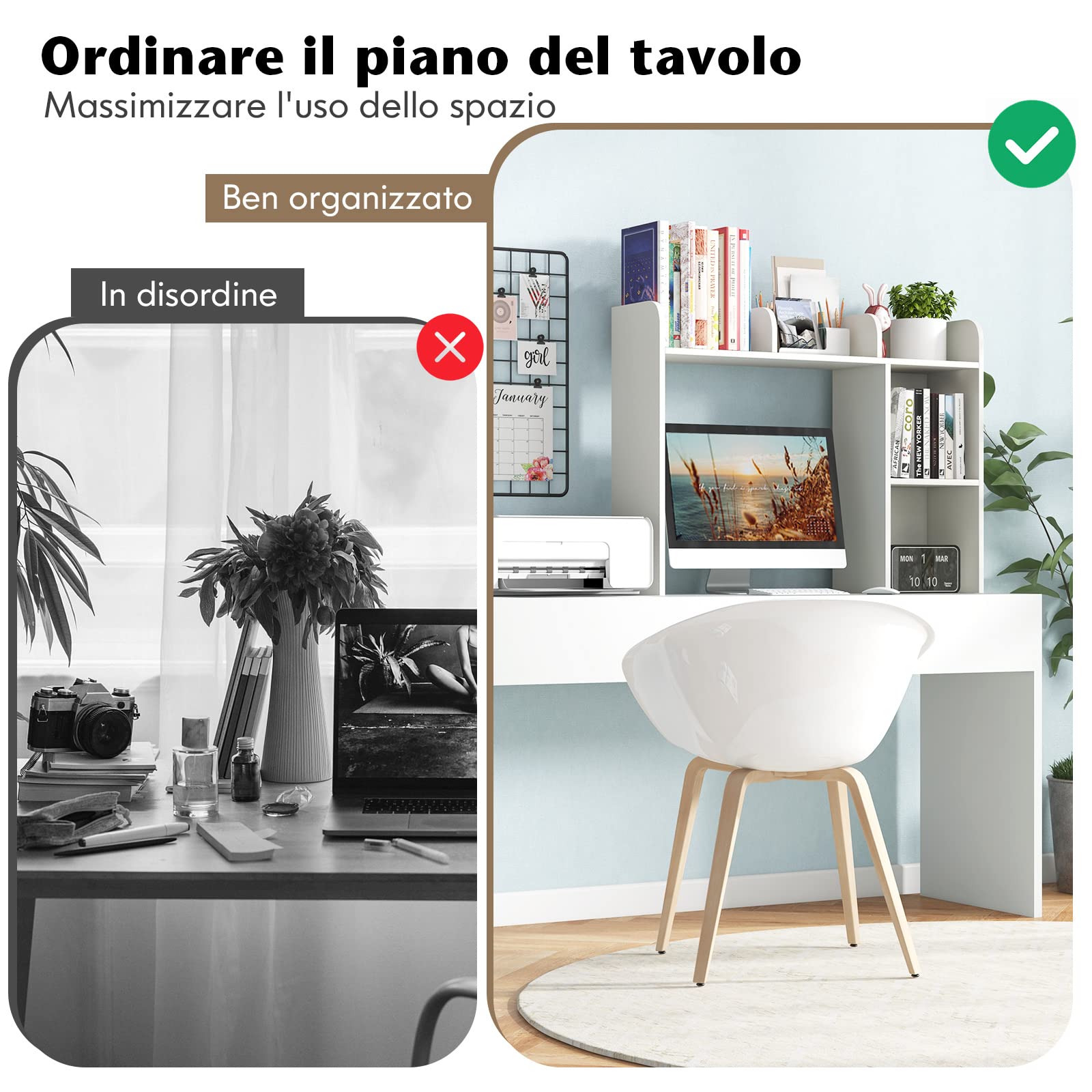 COSTWAY Scaffale da Scrivania in Legno, Libreria da Tavolo Salvaspazio con 4 Ripiani e Scomparto Aperto, Scaffale Espositivo per Computer, Casa Ufficio, 94x25x74 cm (Bianco)