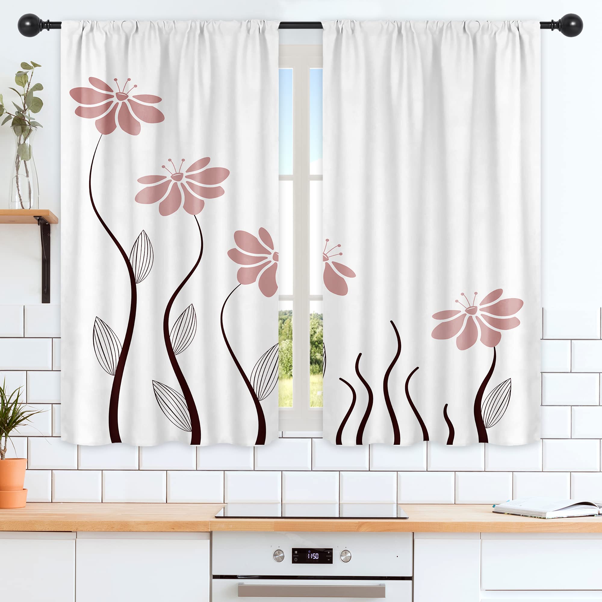 Riyidecor Blush Flower Kitchen Curtain 55 x 39 Inch Floral Petals Rod Pocket Leaves Lines Woman Girl White Plant Silhouettes Printed Living Room Bedroom Window Drapes Treatment Fabric 2 Panels WW-TGNA