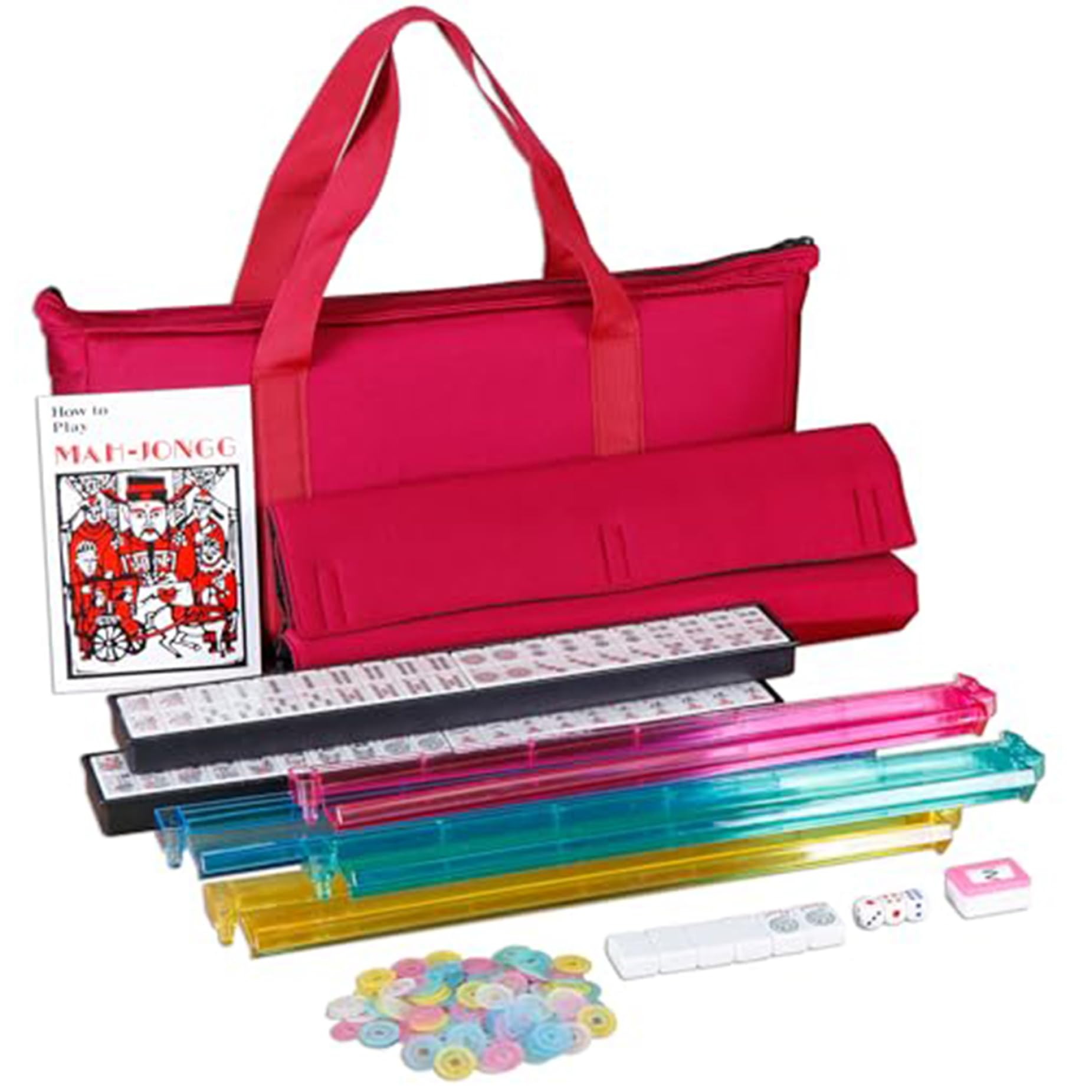 American Mahjong Set, clásico set americano mahjong completo, set de mahjong de tamaño completo con 166 azulejos, estante/empujadores de 4 piezas, bolsa roja suave, papas fritas, concesionario de vie
