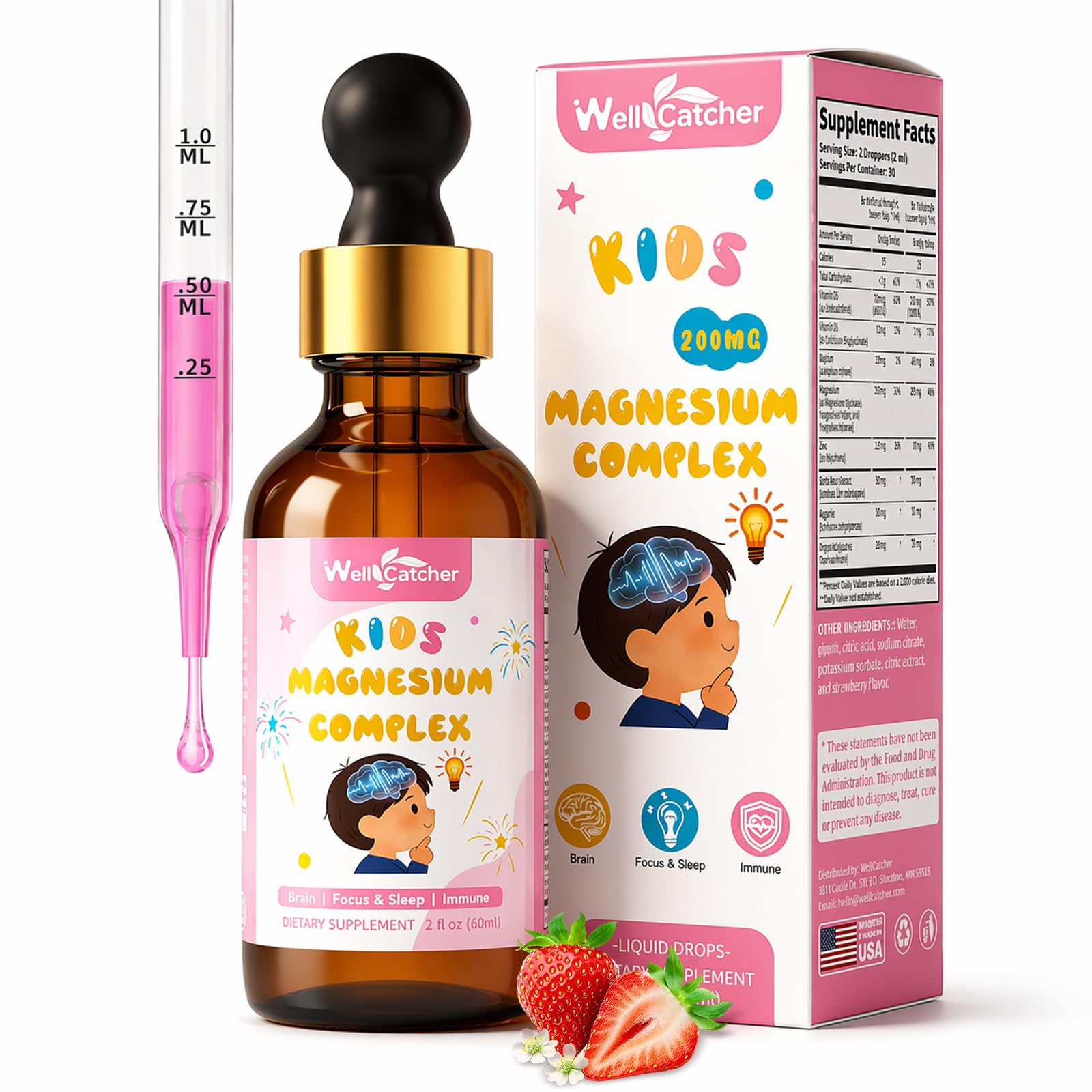 Magnesium Drops for Kids, Liquid Magnesium Glycinate Complex with Citrate & Taurate, Calm & Sleep Support, Brain & Focus Support, Sugar Free Strawberry Flavor, Easy to Take, 2 Fl Oz