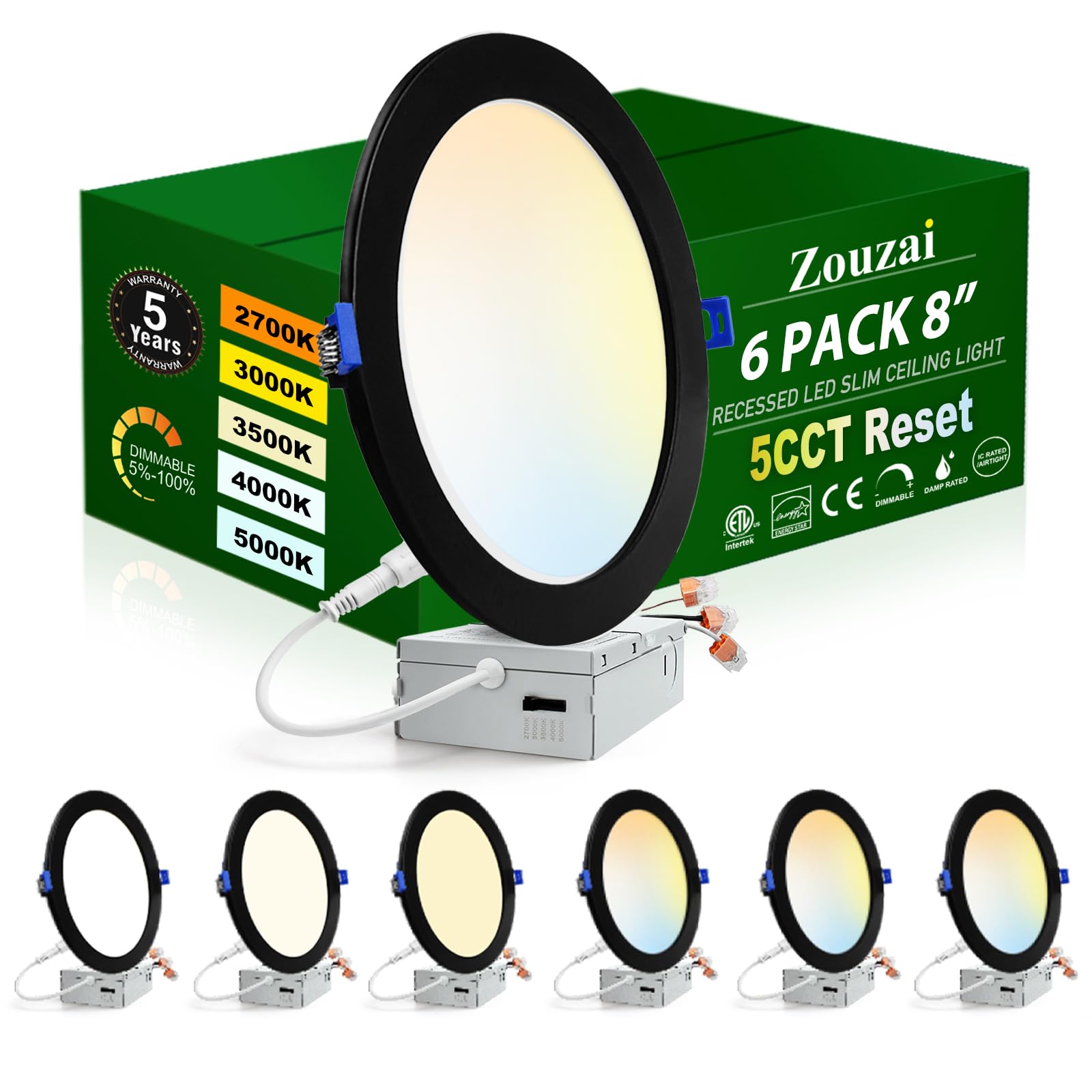 zouzai 6 Pack 8 Inch Black 5CCT Ultra-Thin LED Recessed Ceiling Light with Junction Box 2700K/3000K/3500K/4000K/5000K Selectable, 18W 1685 LM Dimmable, led can Lights ETL and Energy Star Certified