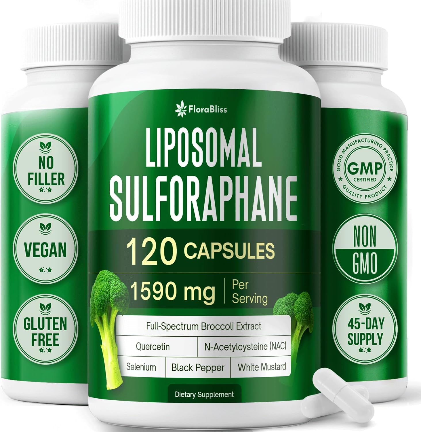 FloraBliss 120 Liposomal Sulforaphane Supplement+ 1000mg Capsules - Broccoli Extract | with Quercetin, Selenium & NAC - High Potency Non-GMO - Vegan - Non GMO