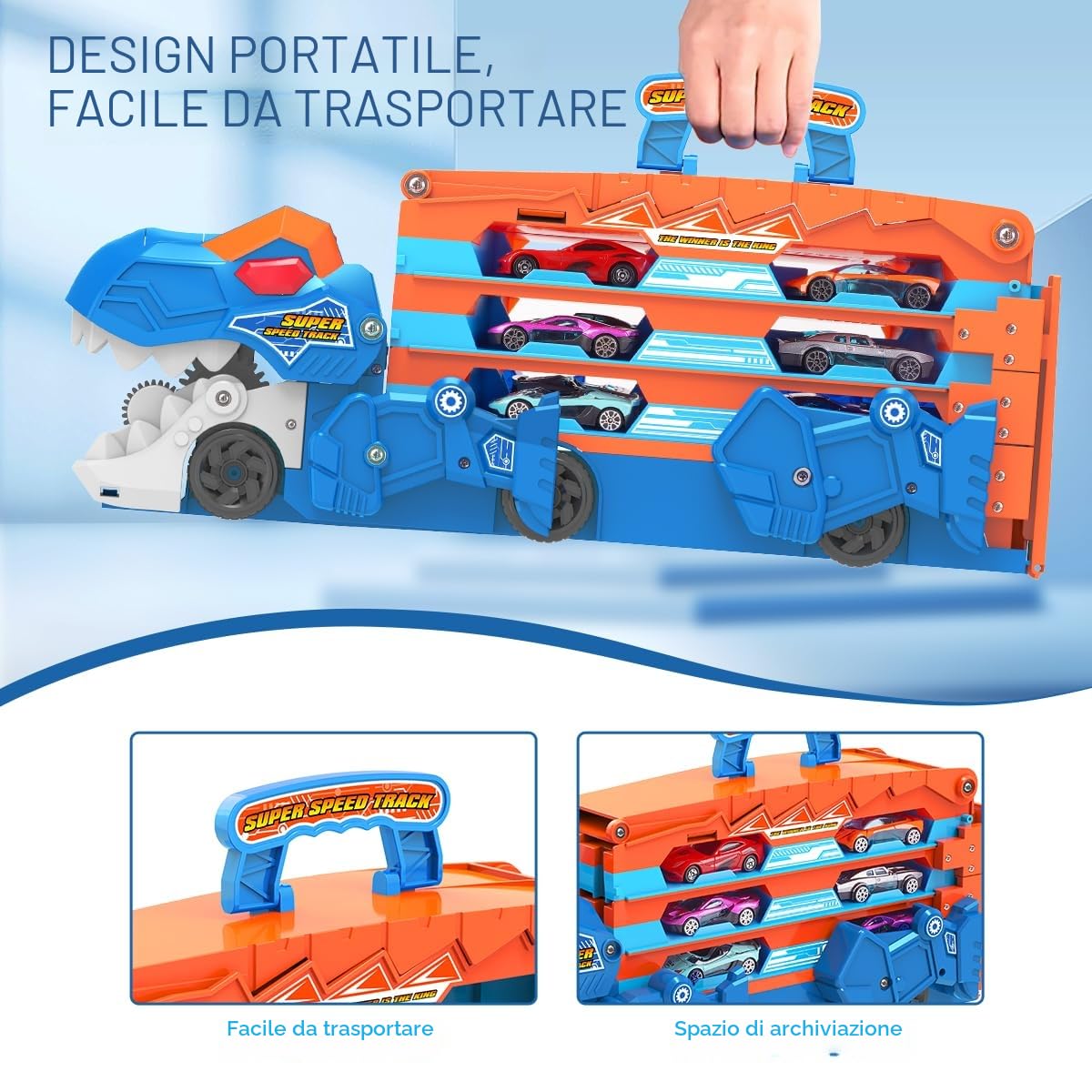 VATOS Dinosauro Trasporto Camion Giocattoli Auto per Ragazzi Età 3 4 5 6 7 8, Portatile Race Track Truck Auto Giocattoli Set con 6 Auto da corsa, Camion Carrier Play Veicoli Giocattoli Set per Bambini