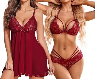 MADSY Women’s Lace Lingerie Set with Babydoll Nightwear | Soft Lightweight Nightdress Adjustable Straps Sheer Sleepwear fo... Price In India