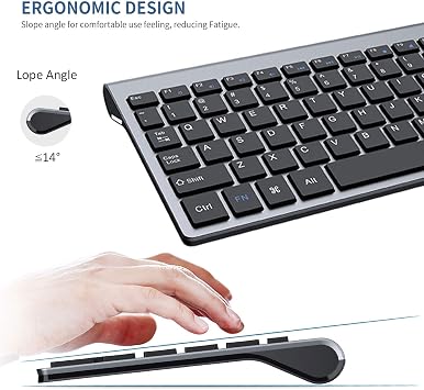 FENIFOX Keyboard and Mouse Wireless, Slim Flat for Laptop PC Black Grey | Silent Quiet, Low Profile Thin, 14.5 Inch Portable Full Size, with 10 Key, 2.4G USB, Home Office, Windows Laptop Computer