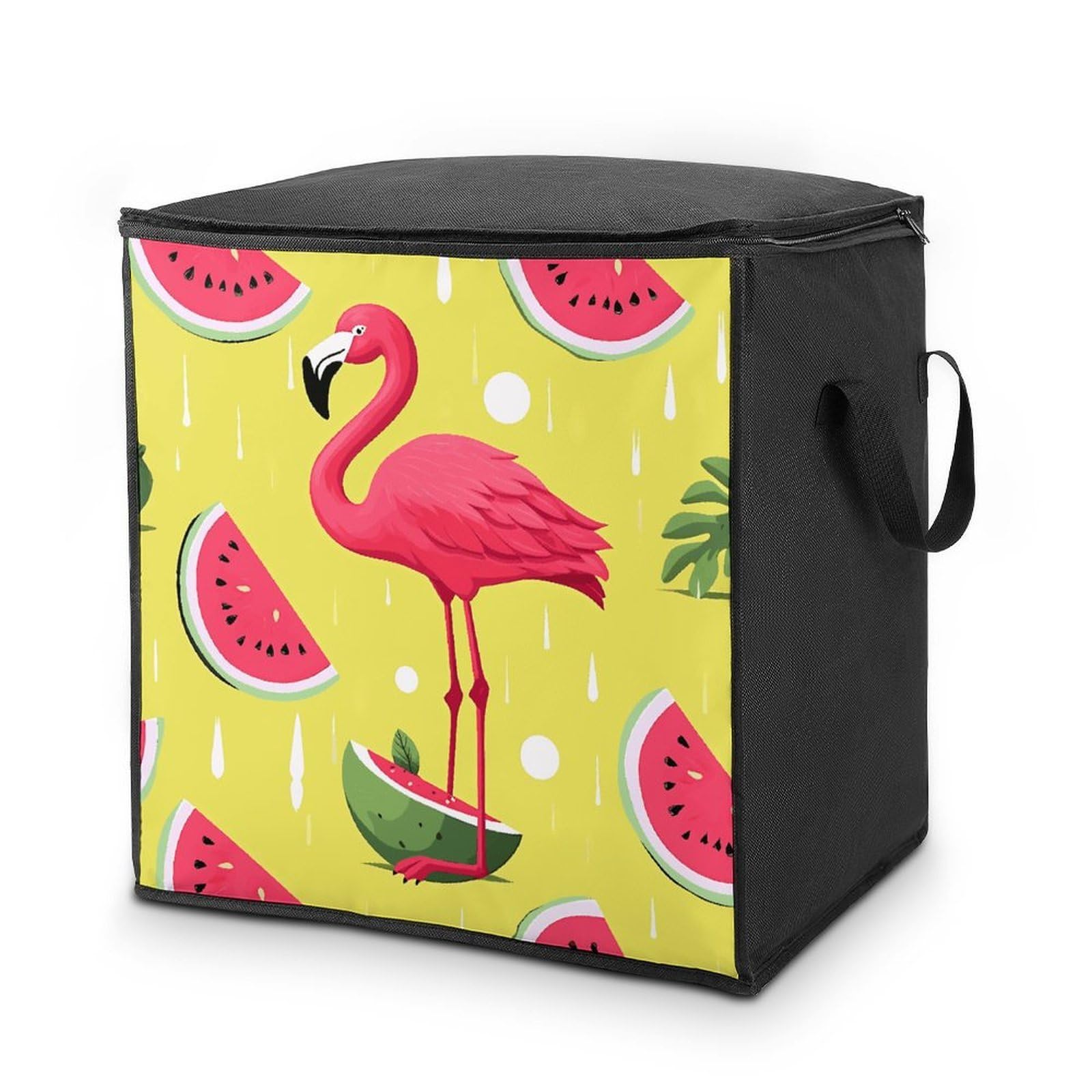 Pink Flamingo And Watermelon Storage Bag with Zippers And Handle Extra Large Bedding Comforter Storage Bag Foldable Blanket Storage Bags Fabric Moving Bags for Closet Organizer (70L)
