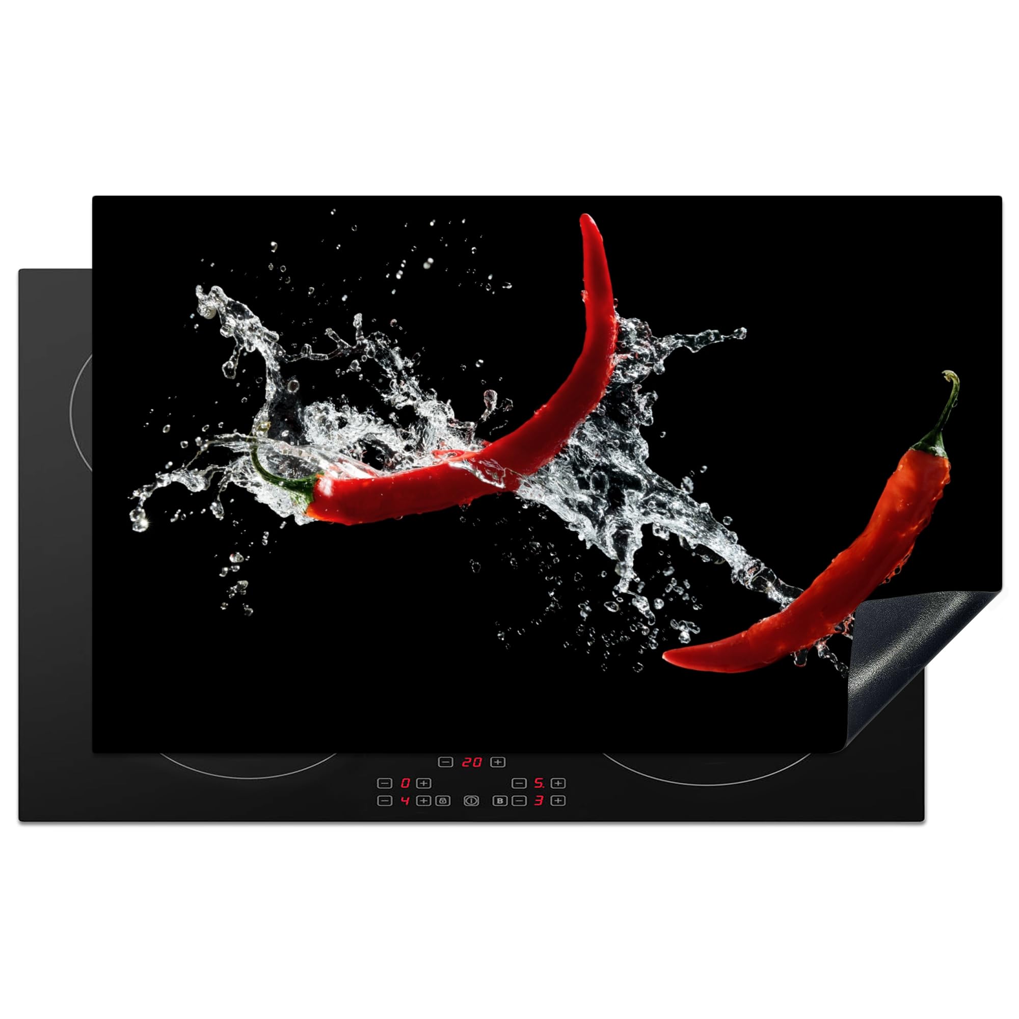 KitchenYeah© Induction Hob Protector Mat 20.5"x33.5" / 85x52 cm Cooker Top Protectors Cover Ceramic Covers Electric Hobs Vinyl Chilli - Still Life - Water - Black - Red — image 1