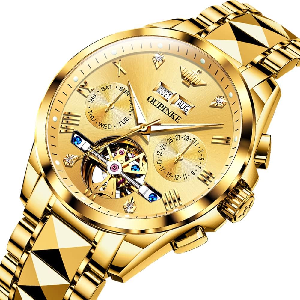 OLEVS Men's Automatic Mechanical Watch, Skeleton Tourbillon Luxury Wrist Watch with Tungsten Steel Band, Sapphire Crystal, Large Face, Day Date, 50M Waterproof Luminous， Gold/Black/Green/Blue Dial