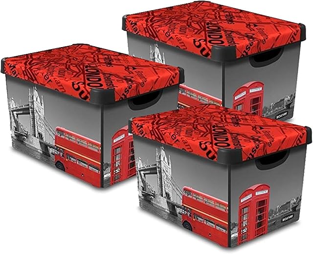Curver Decorative Stockholm Box 22L 22 Litre London Themed Storage Boxes with Lids - 39cm (L) x 29cm (W) x 24cm (H) - Great Value Set of 3.