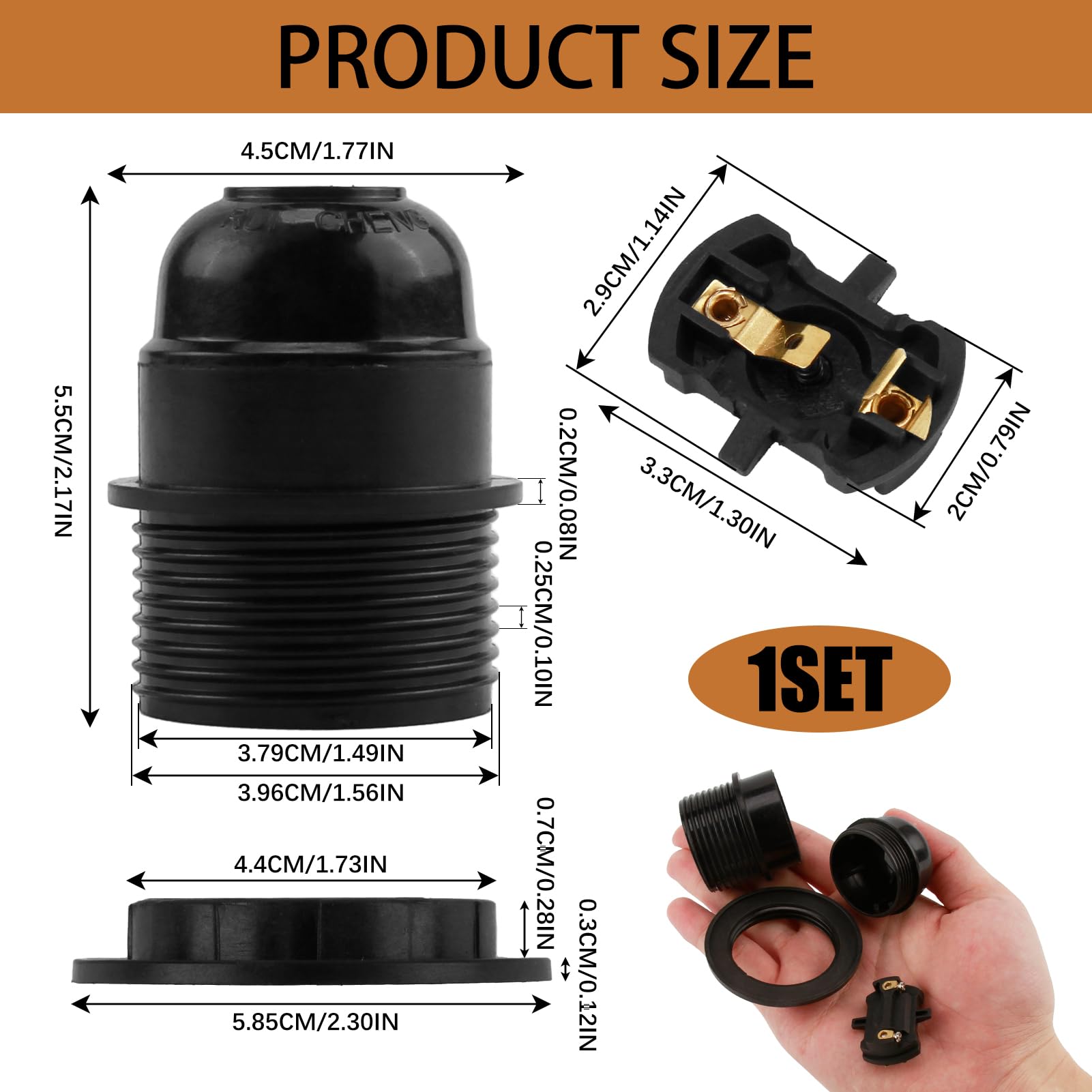 Edison Screw ES E27 Lamp Holder,Light Bulb Pendant Socket Deco E27 Screw Lampholder Fitting in Black Ceiling Table Lamp Fittings with 10mm Threaded Entry,Shade Ring,Safety Lock (Single Unit) - Image 4