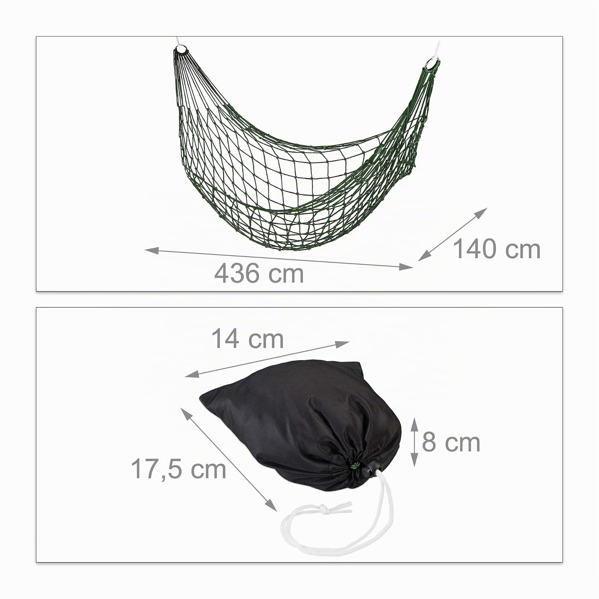 Relaxdays Amaca a Rete, da Giardino & Campeggio, 1 Persona, Leggera, Custodia, Verde Scuro
