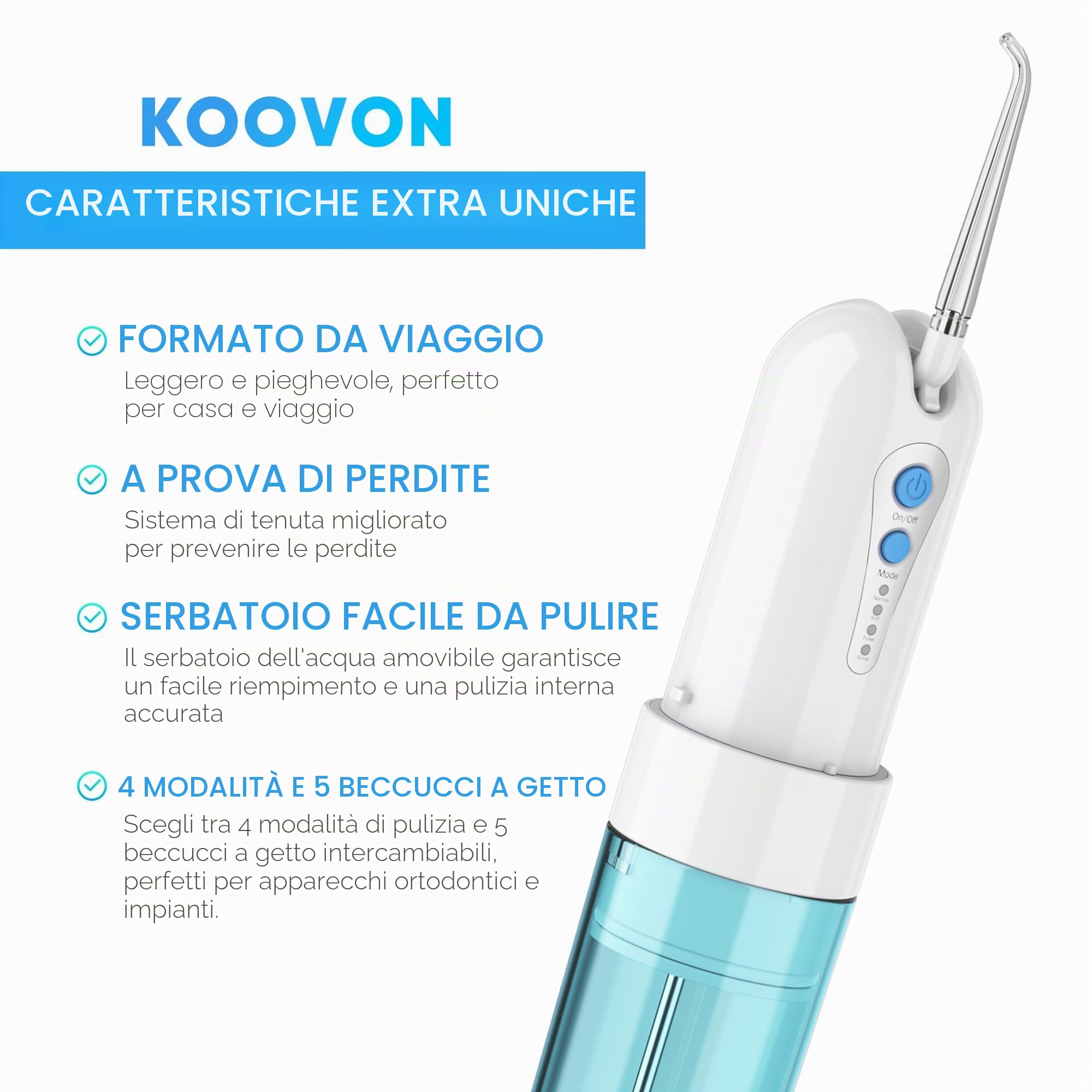GEEDIAR Irrigatore Orale Portatile Senza Fili - Ricaricabile USB, 4 Modalità e 5 Gettoni, Impermeabile IPX7, per Pulizia Profonda tra i Denti, Ideale per Casa e Viaggio, Blu