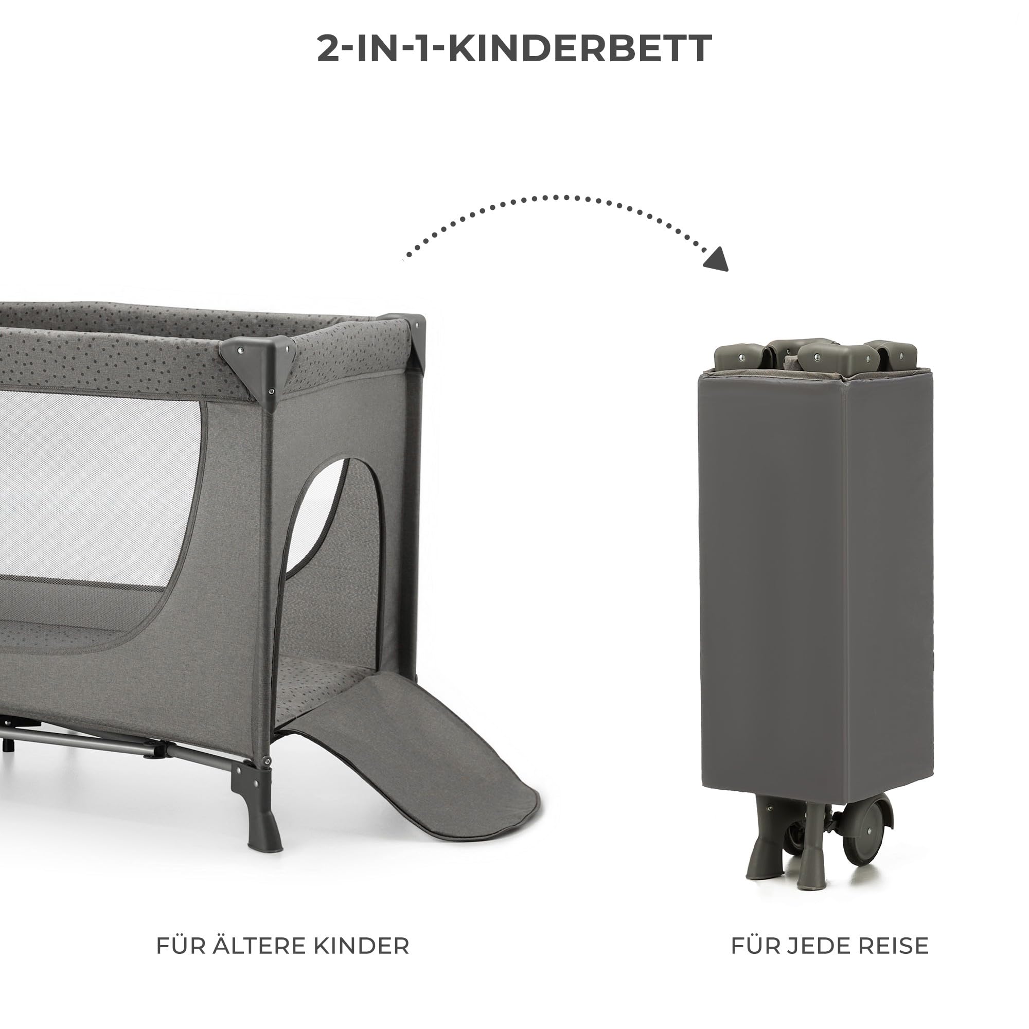 Kinderkraft Joy 2 Kinderbett, 2 in 1 Kinderreisebett, Babybetten, Kinderbett, Reisebett, Modernes Design, Kleine Abmessungen nach Zusammenklappe, Räder, Dunkelgrau