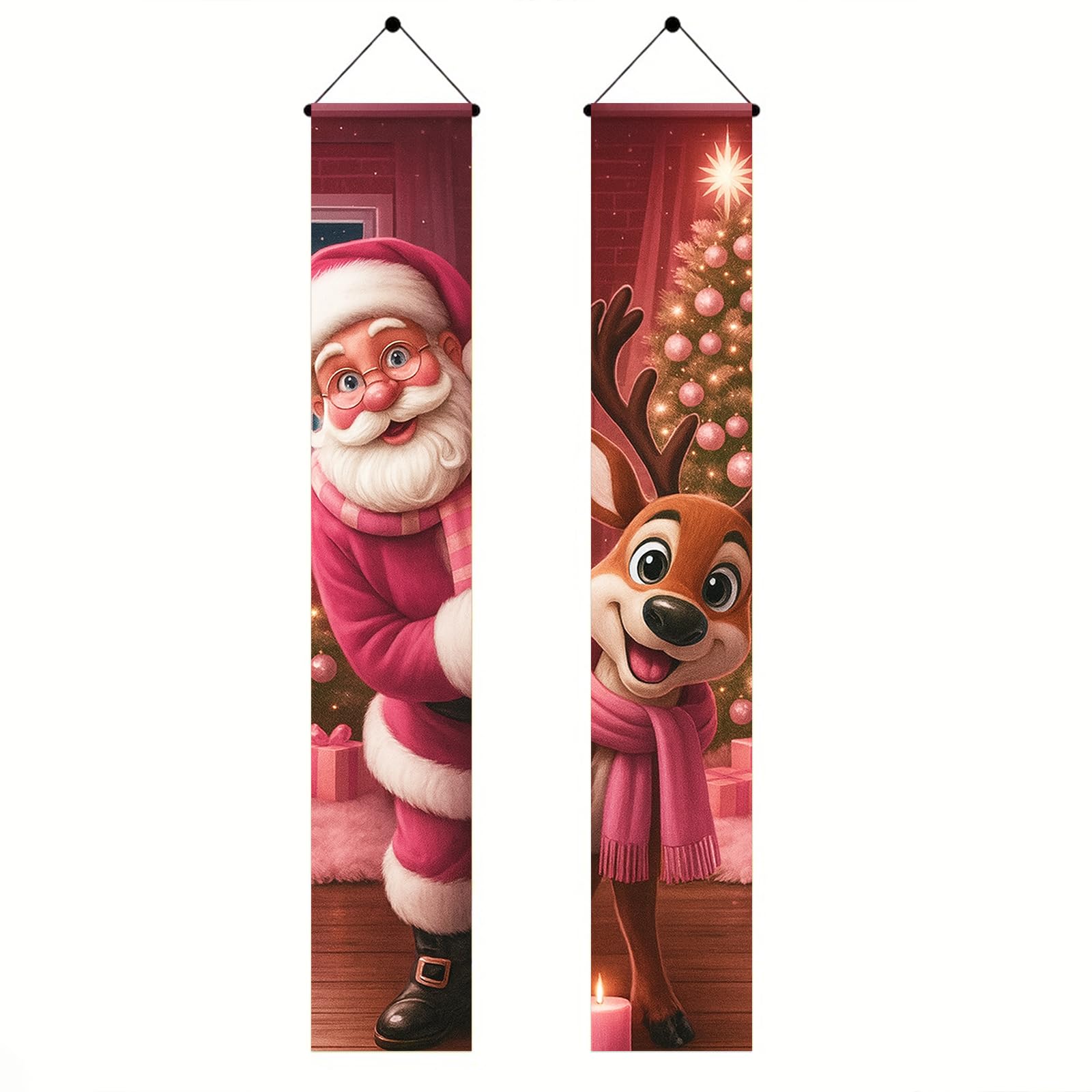 BlissYard Pink Santa Reindeer Christmas Porch Decorations 12x71 Inch Snowflakes and Gifts Banner Christmas Welcome Hanging Banners for Winter Holiday Home Decor for Front Door Outdoor Decoration