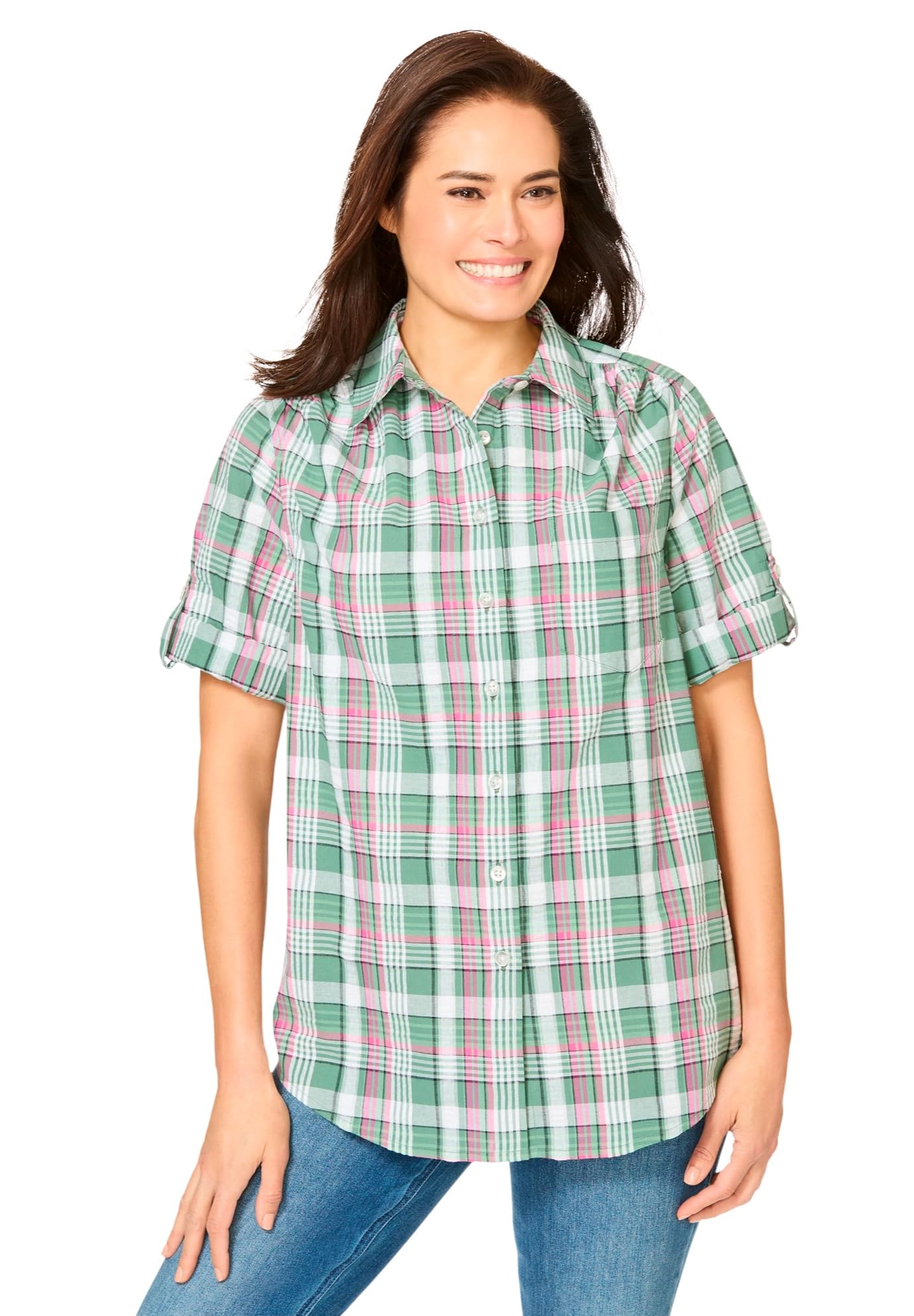 Woman Within Plus Size Short-Sleeve Button-Down Cotton Seersucker Shirt