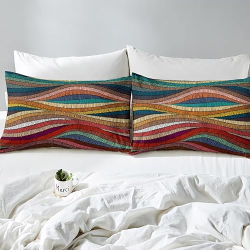 Miniatura 5 de Juego de sábanas bohemias tamaño Queen, juego de sábanas bohemias onduladas con diseño de arco iris, diseño geométrico, tribal, étnico, decoración