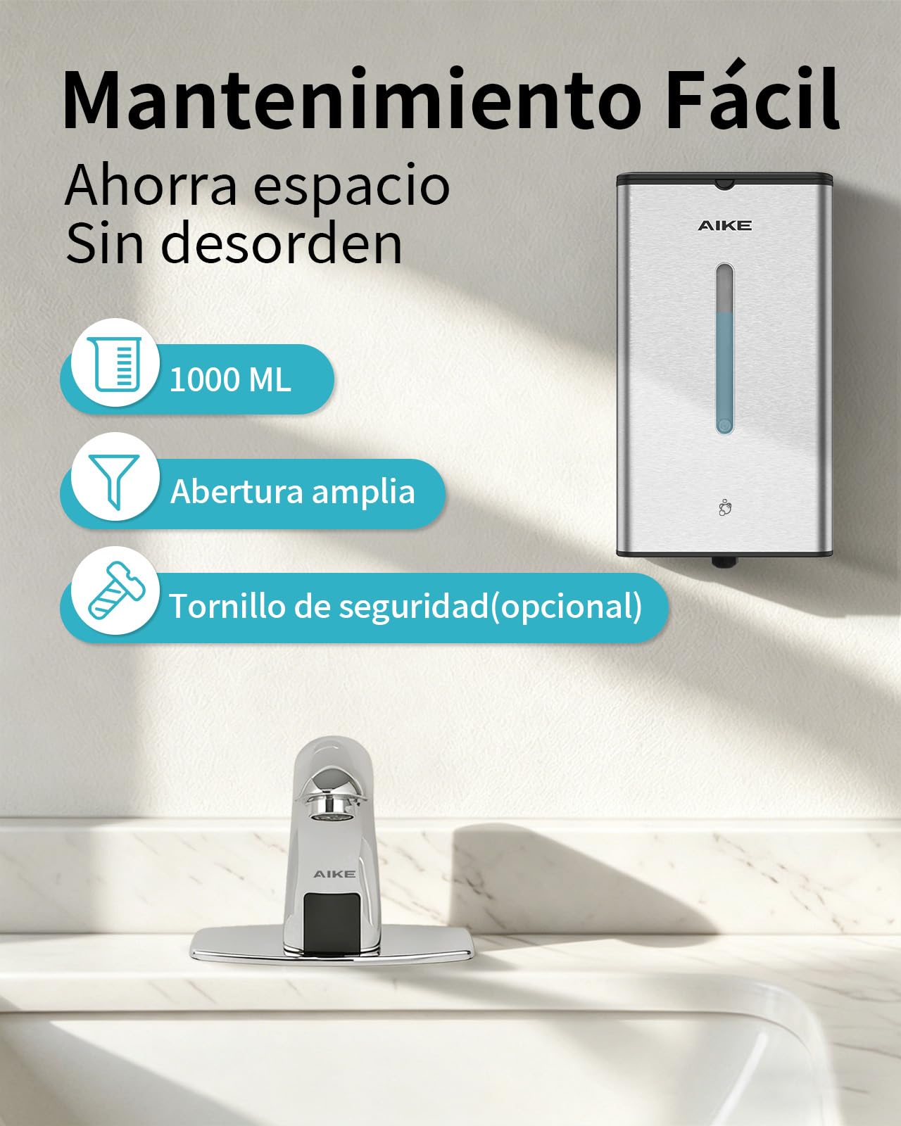 AIKE Dispensador De Jabón Espuma Automático, De Pared para Uso Comercial, 1000ML Acero Inoxidable para Jabón De Manos Espumoso, AK1207FA